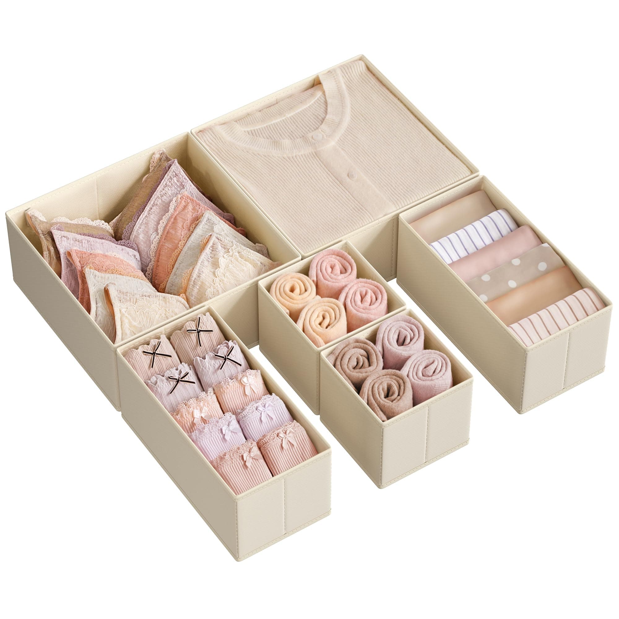 SONGMICS Aufbewahrungsbox für Schublade, 6er Set, Schubladen Organizer, Faltbox, Unterwäsche Organizer, Stoffbox für Socken, Unterwäsche, BHs, Krawatten und Schals, sandbeige RDZ006Y01