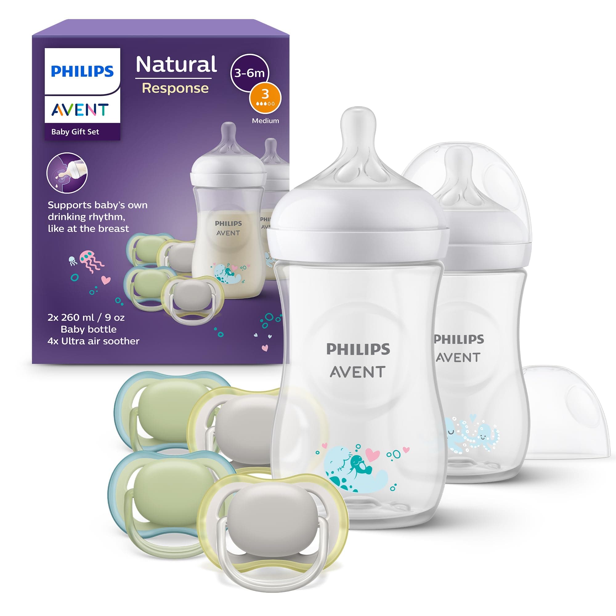 AVENT Natural Response Geschenkset für Babys: 2x Natural Response Flaschen 260 ml (ab 1 Monat), 4x ultra air Schnuller (0-6M) (Modell SCD837/13)