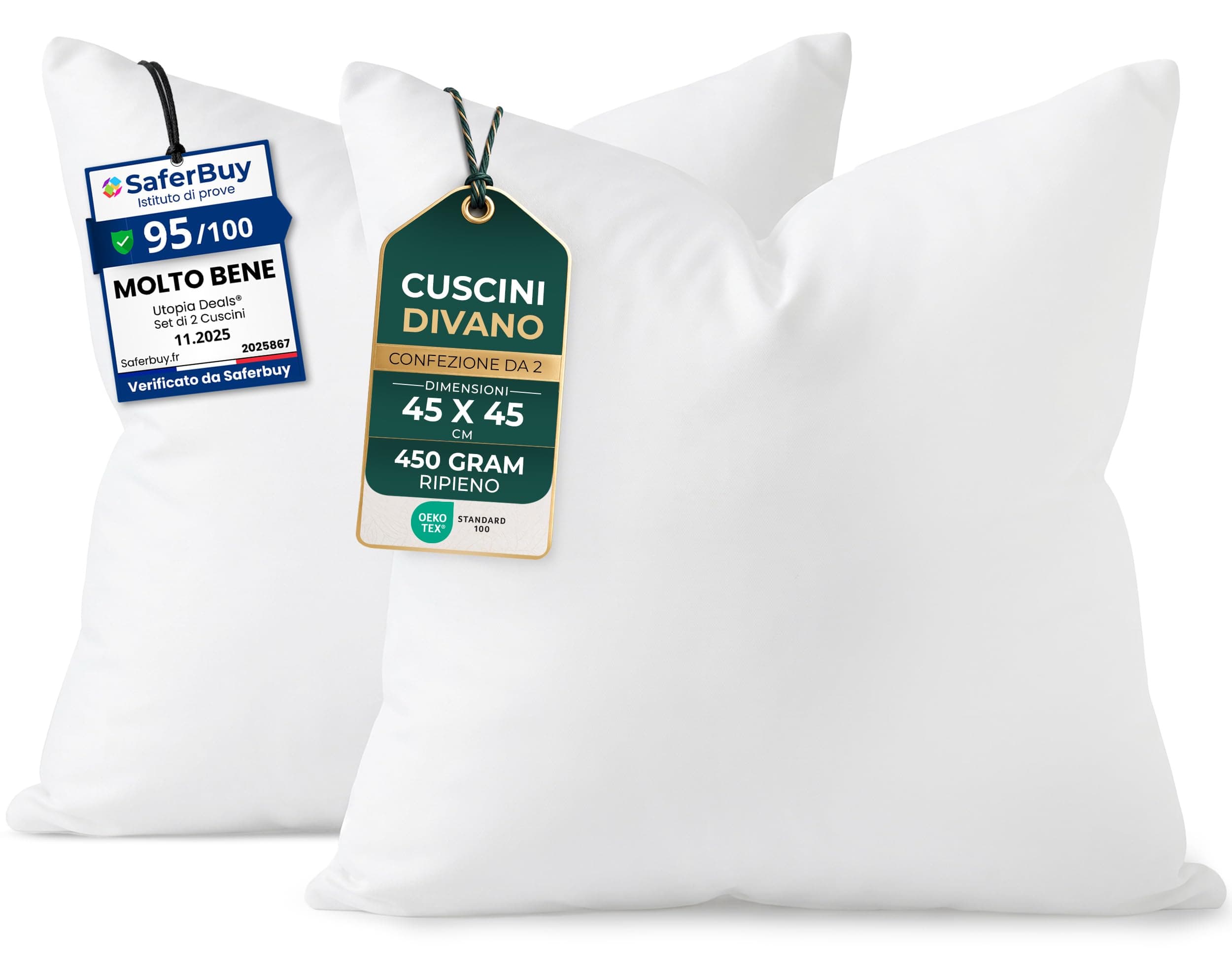Utopia Bedding Set di 2 Cuscini, 45 x 45 cm Imbottitura per Cuscini, Cuscini Divano, Cuscino Interno (Bianco)
