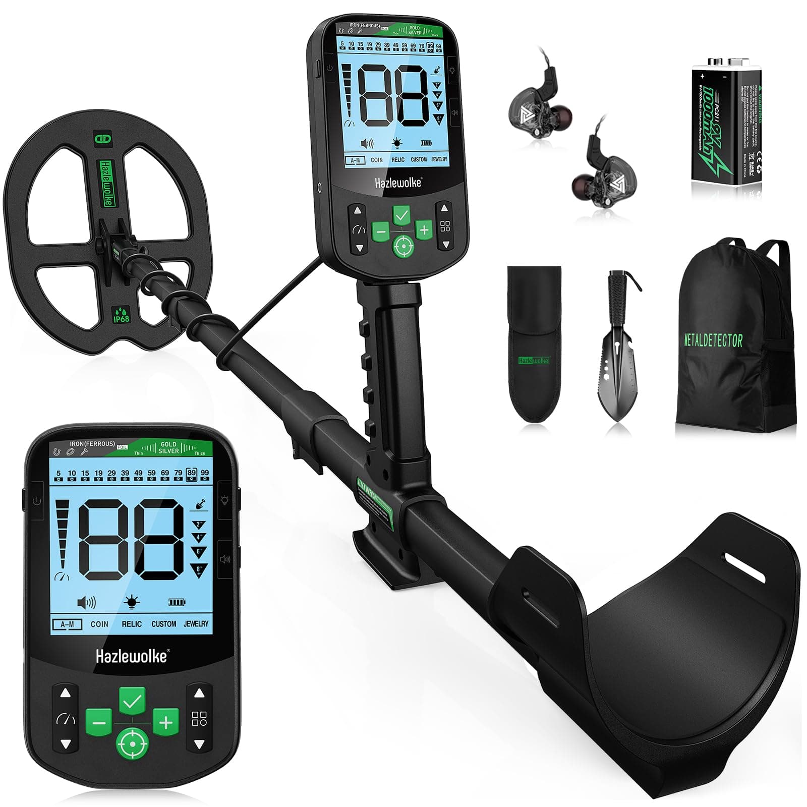 Hazlewolke Detector de Metales, Sumergible 11'' Doble-D Bobina Impermeable, Detector de Metales Profesionales Alta Sensibilidad, 5 Modos con Pinpoint Batería Recargable
