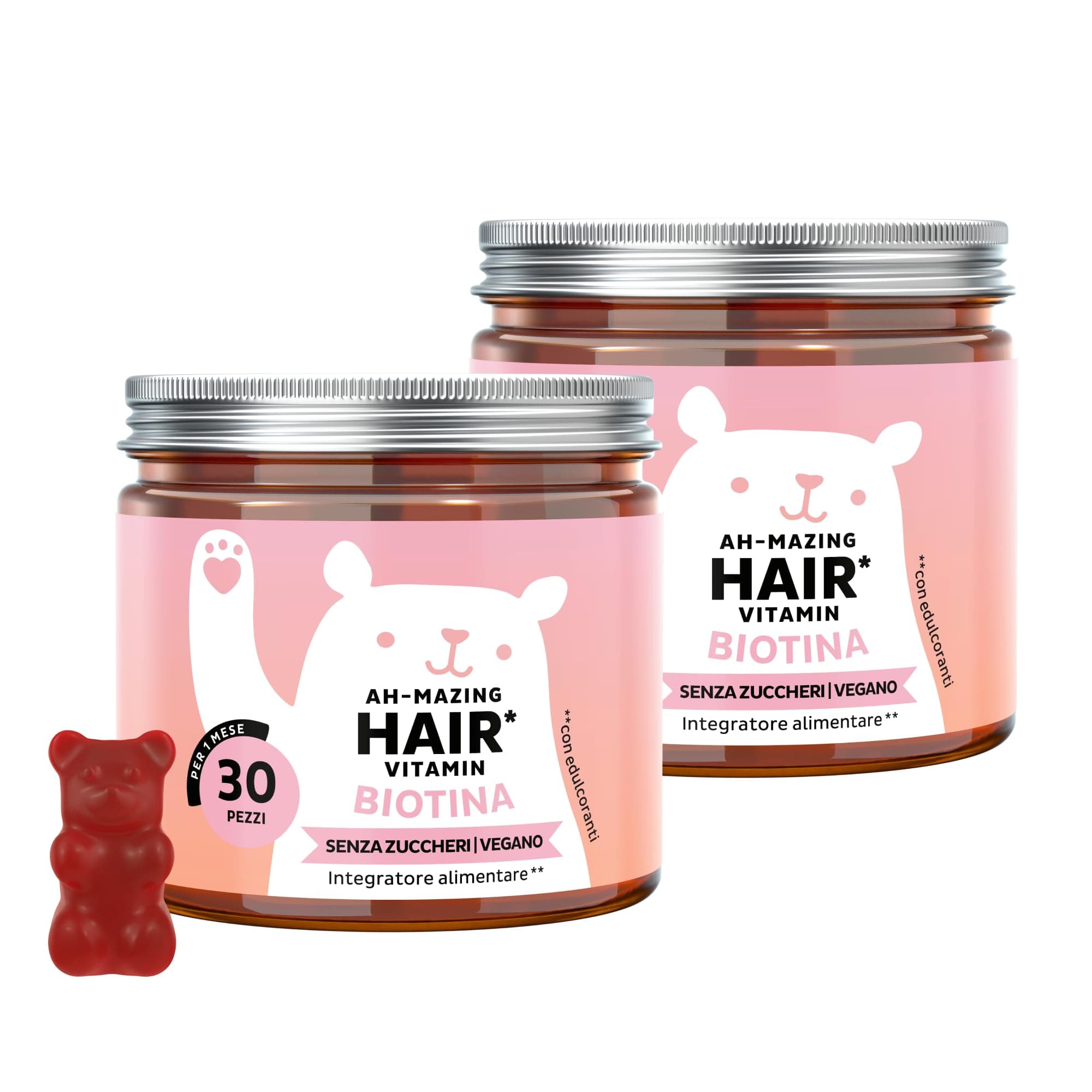 Biotina Gummies Ah-mazing Hair – Integratori per Capelli – Formula Potenziata – 10.000 µg di Biotina, Zinco, Vitamina B6, C, E e Iodio – Pack 2x30 (2 Mesi), Vegane, Senza Zucchero, Bears with Benefits