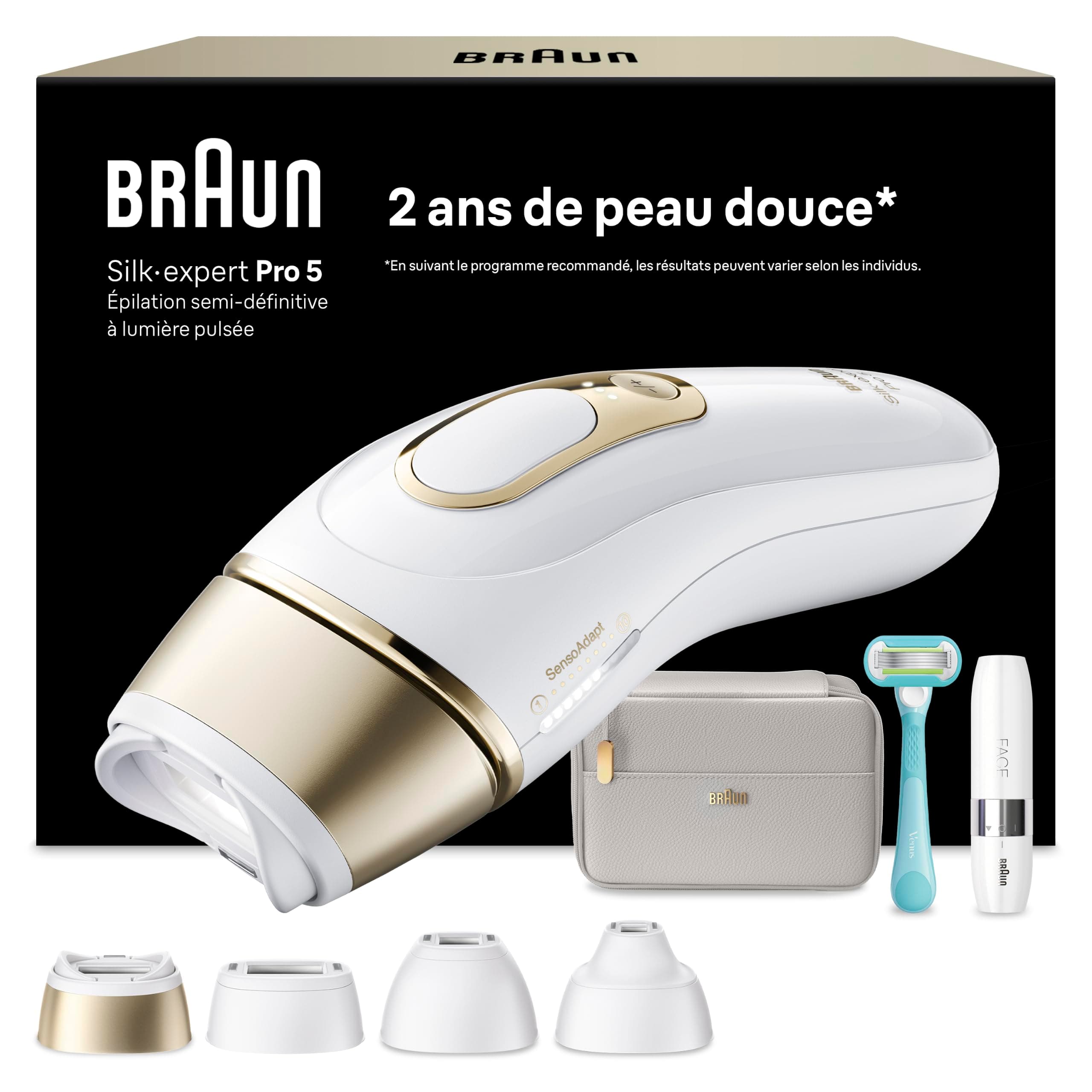 Braun Epilateur Lumiere Pulsee Silk·expert Pro 5 PL5412, Blanc et Or – Alternative au Laser à Domicile, Filaire, avec Pochette, Mini Rasoir Visage, Manche et Cartouche De Lames Gillette Venus, 4 Têtes