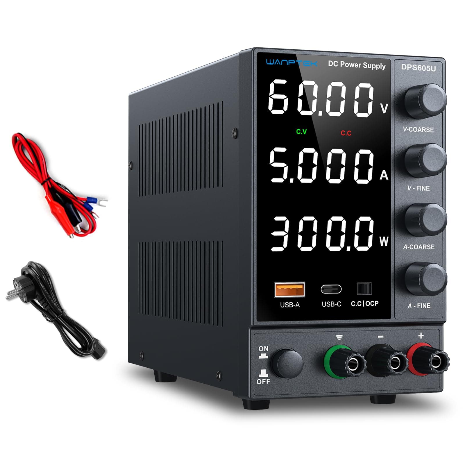 WANPTEK POWER Alimentatore da Banco 60V 5A Regolabile con OCP, L'alimentatore da Laboratorio Stabilizzato con Display LED a 4 Cifre, Porta USB-A & Type-C per Ricarica Rapida