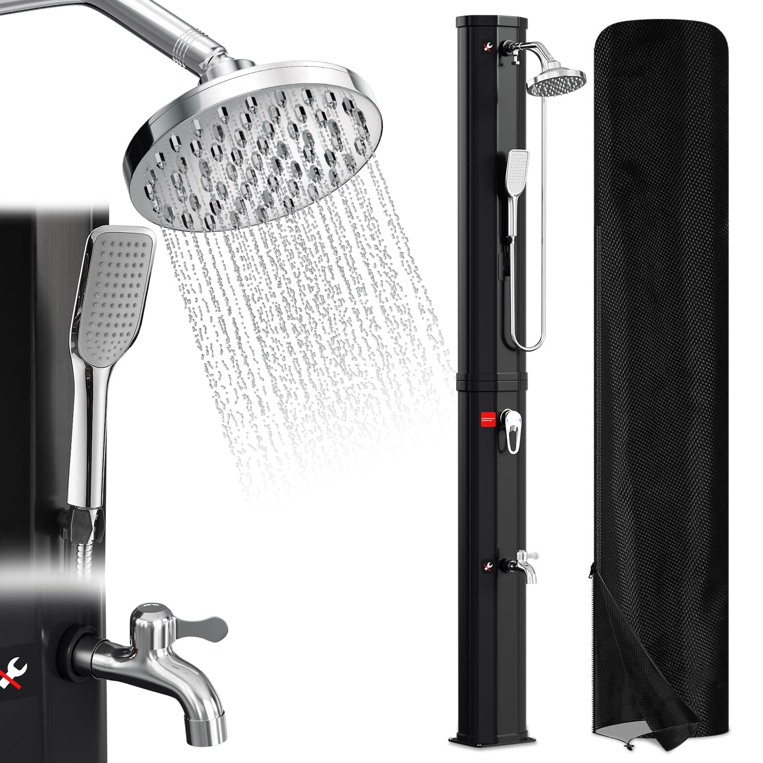 Vigevee Ducha Solar para jardín, 60 L, Agua Caliente hasta 60 °C, sin conexión de alimentación, Ducha de Piscina, Camping con Ducha de pies y Cabezal de Ducha de Lluvia Giratorio, Incluye Material de