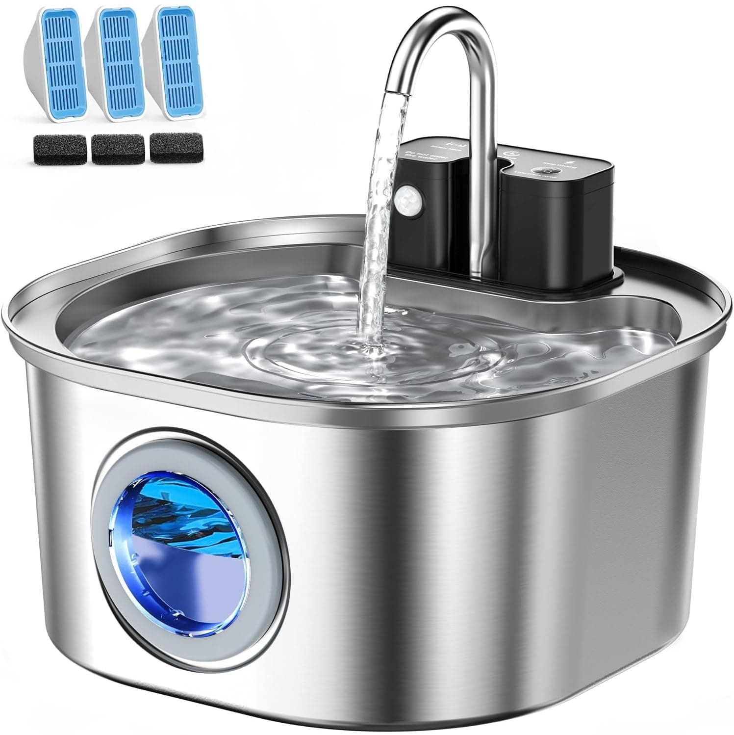 Fontaine pour Chat en Acier Inoxydable avec Robinet - Fontaine à Eau sans Fil de 3,2 l - 3 Modes de Fonctionnement et Filtre à 4 Niveaux (3 filtres Inclus)