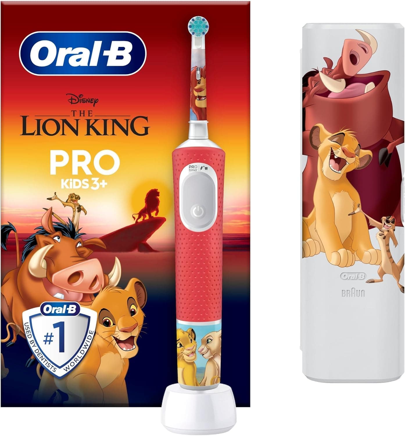 Oral-B Brosse Electrique A Dents Pro Kids Le Roi Lion Disney Pour Une Routine Dentaire Des Enfants De 3 Ans Et Plus, Brossette De Rechange Oral B Avec Tête Ronde Pour Un Brossage Doux, Etui De Voyage