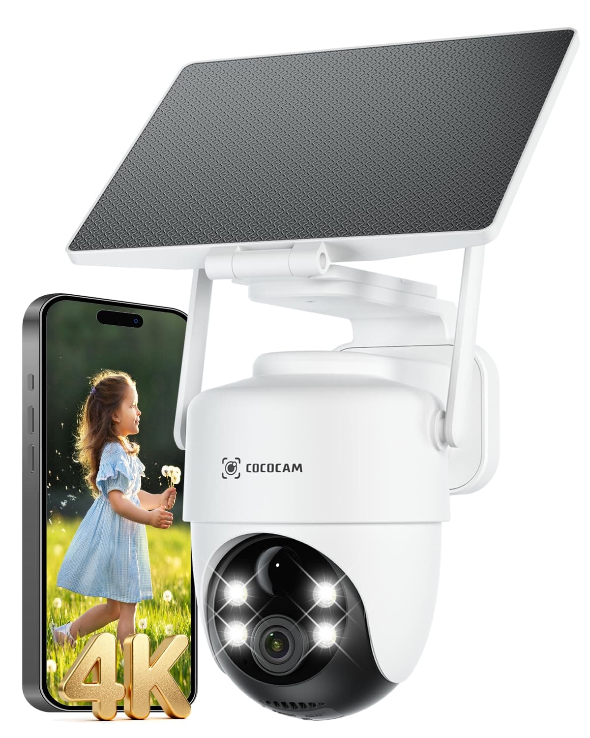 COCOCAM 4K 8MP Camera Surveillance WiFi Exterieure sans Fil sur Batterie 10000mAh, Panneau Solaire Réglable 5W, Détection IA, Détection Humaine PIR, 355 °P 90 °T, Wi-FI 2,4 GHz, IP66, Wi-FI 6