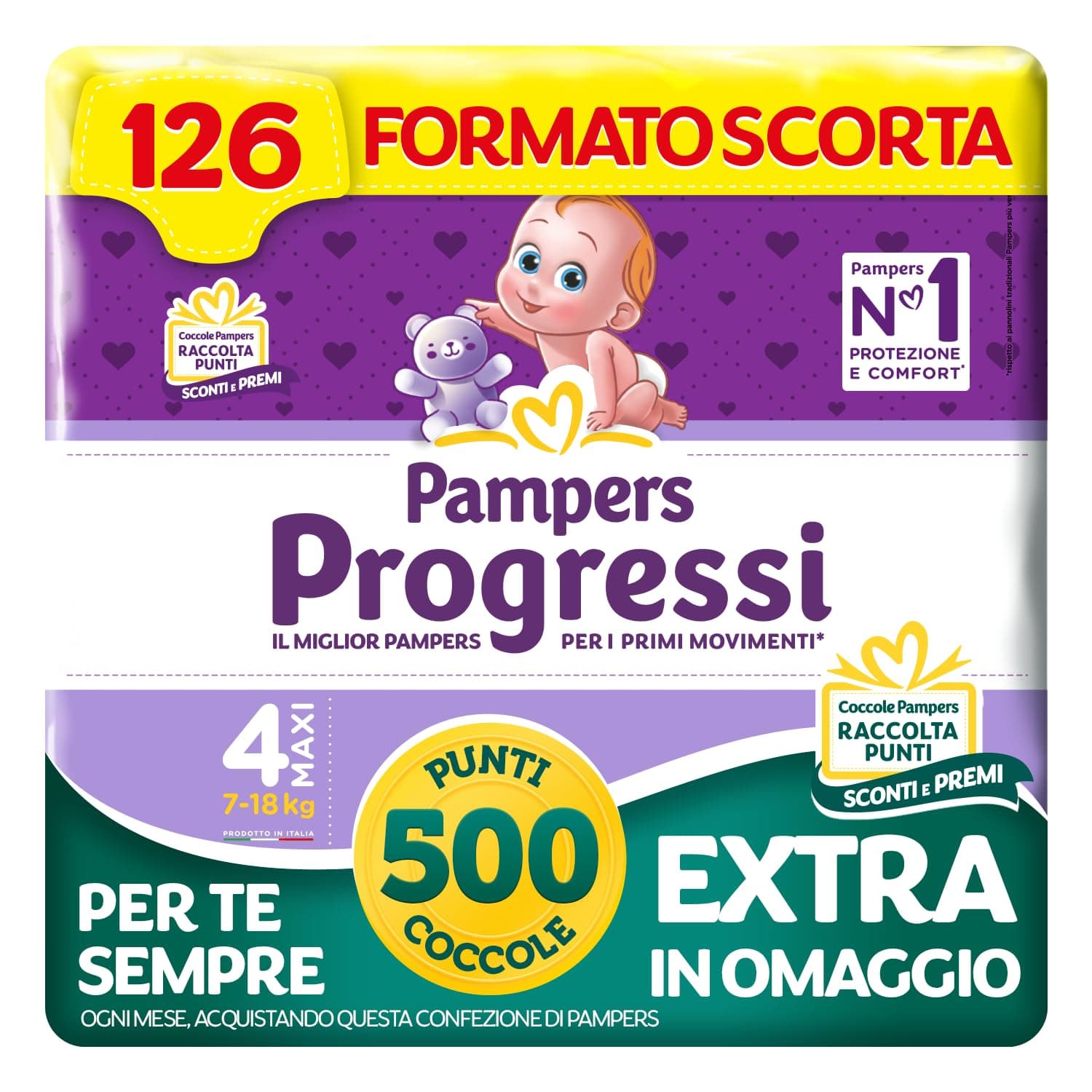 Pampers Progressi Maxi, Taglia 4 (7-18 kg), 126 Pannolini Bambino | Formato Scorta, Indicatore di Bagnato, Pelli Delicate, Linguette Rinforzate, Anti-Fuoriuscite, 500 Punti Omaggio