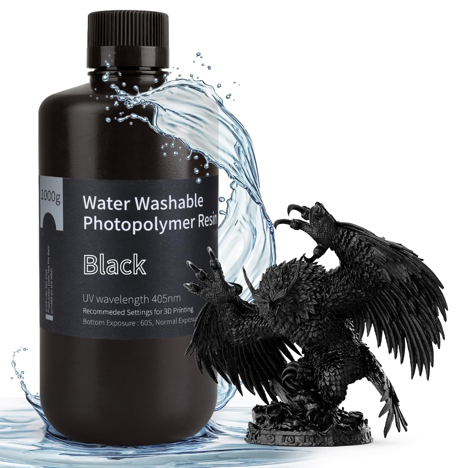 ELEGOO Wasser Waschbares 3D Drucker Resin, Water Washable UV Resin 405nm Photopolymer Harz für MSLA/DLP/LCD 3D Drucker Schwarz 1000g