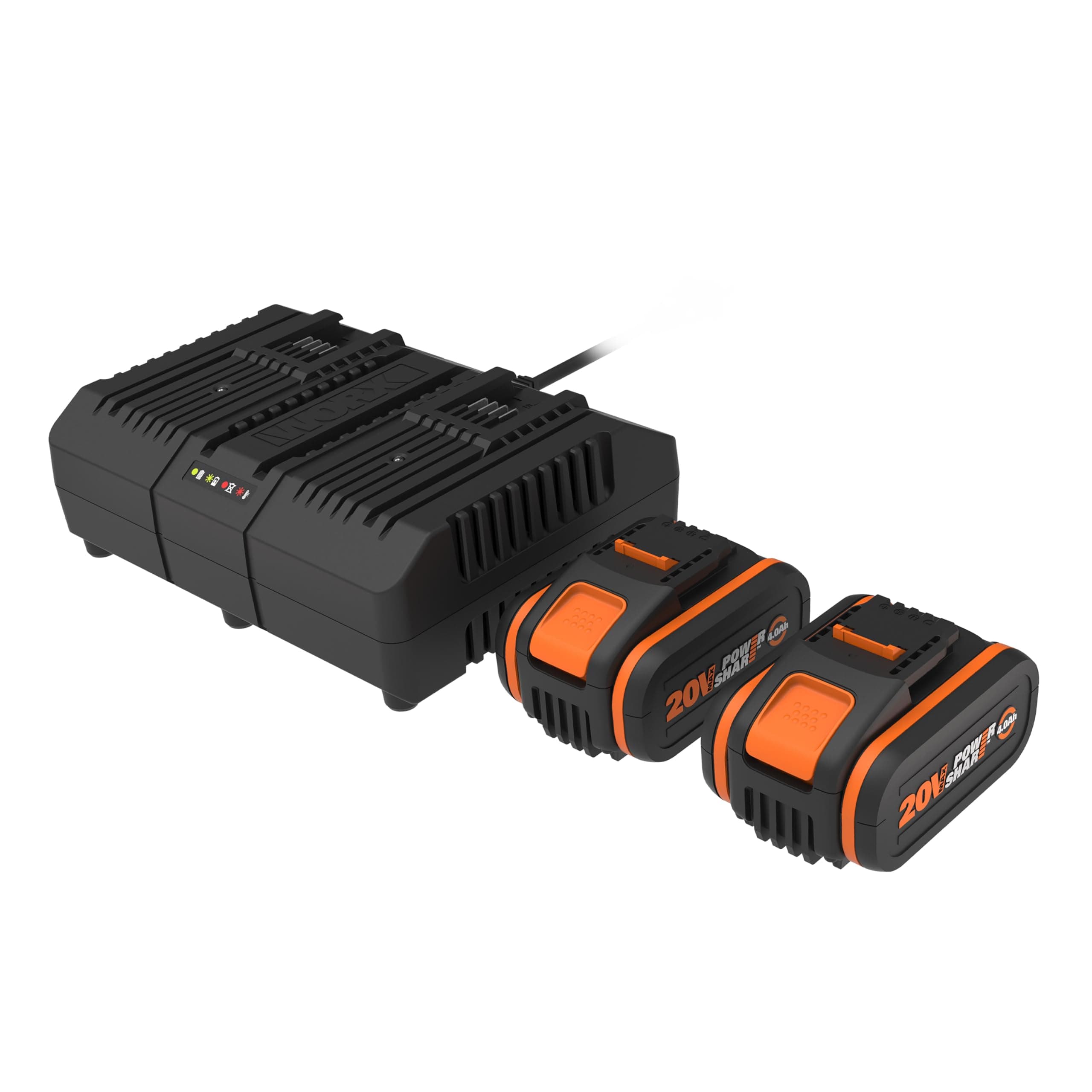WORX Pack 2 Batteries et Chargeur Double 20V 4Ah WA3611, Batteries Haute Performance avec indicateur de Niveau de Charge, Charge Rapide, compatibles avec Tous Les Outils Worx PoweShare