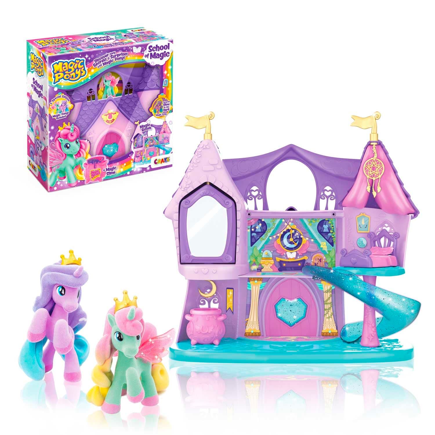 Magic PONYS School of Magic Spielset – großes Spielschloss für Mädchen mit 2 exklusiven Ponys & Glow-in-The-Dark Effekt , Pferde Spielzeug & Einhorn Haus, Lila, Rosa, Türkis