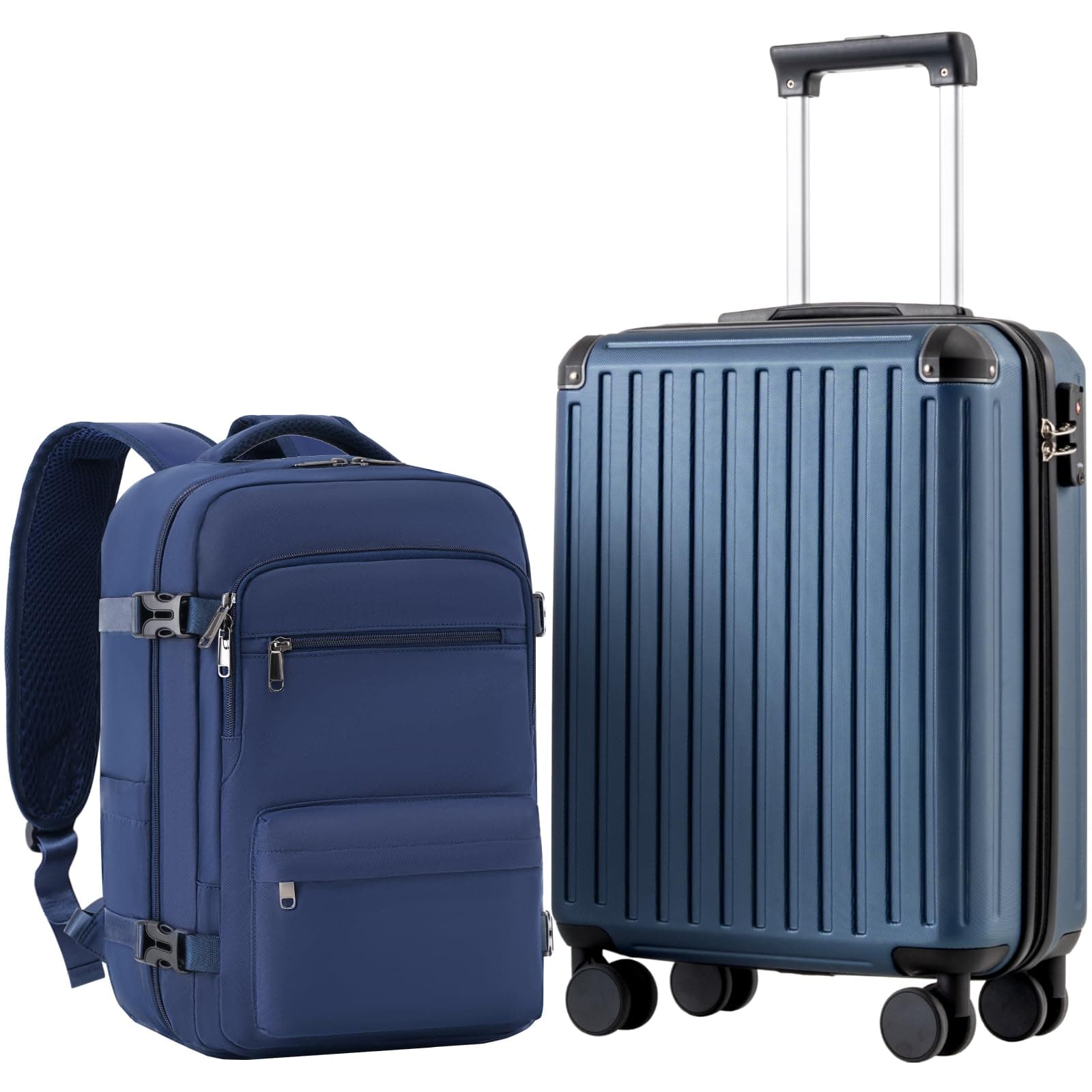 COOLIFE Maleta de Cabina 55 x 40 x 20 cm para avión Ryanair, Equipaje de Mano, Equipaje de Cabina, maletín rígido con Cerradura TSA y 4 Ruedas gemelas (Azul Marino, 55 x 40 x 20 cm - Set de 2 Piezas)