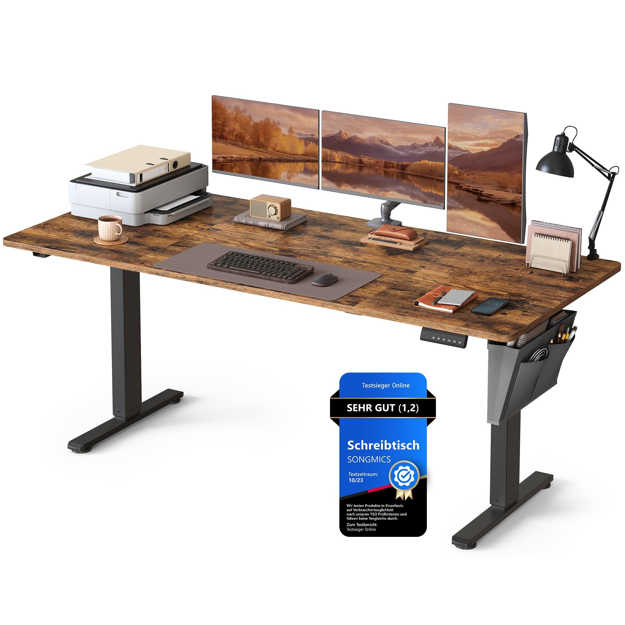 SONGMICS Höhenverstellbarer Schreibtisch elektrisch, 180 x 80 cm, stufenlos verstellbar, Memory-Funktion mit 4 Höhen, vintagebraun LSD138K01
