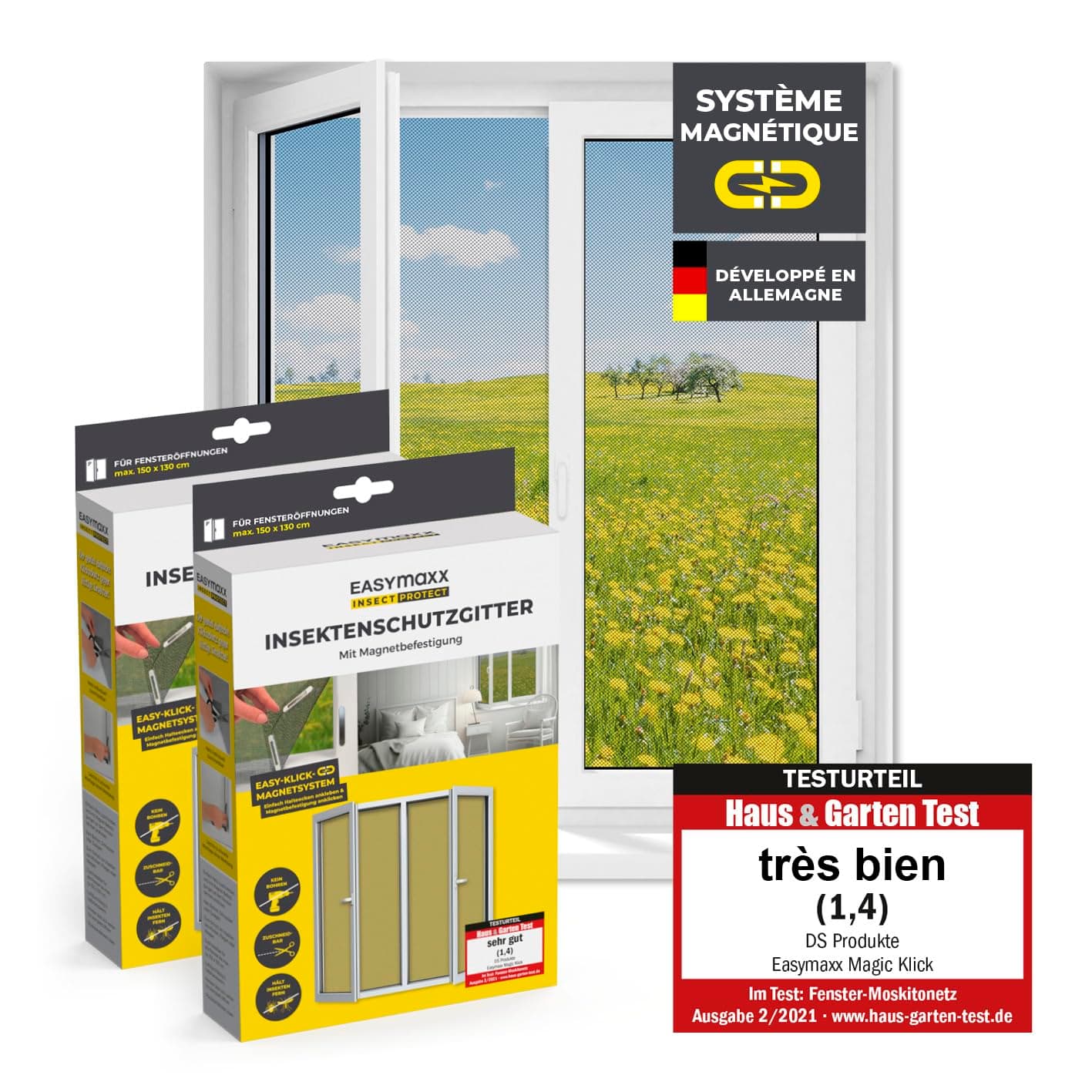 EASYmaxx Moustiquaire de fenêtre avec Magic Click | Peut être découpée individuellement pour toutes les fenêtres jusqu'à 150x130 cm | Montage avec 12 aimants - pas de perçage ni de vissage [2 Pièces]