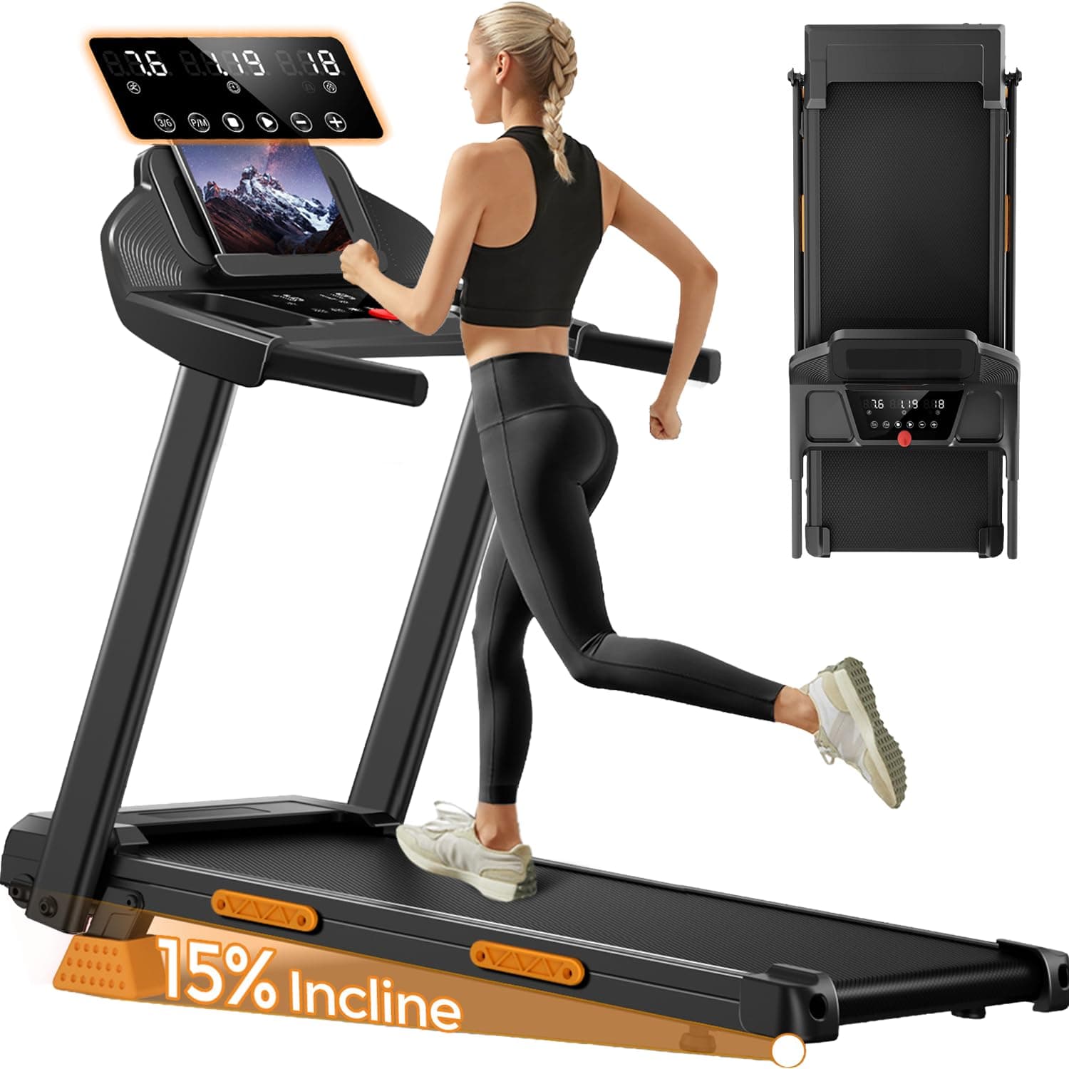 UMAY Tapis de Course Pliable Inclinable 15%, 12KM/H Tapis de Marche Inclinable, Treadmill Home avec Moteur 3,0CV et Affichage LED, Charge Max. 136KG