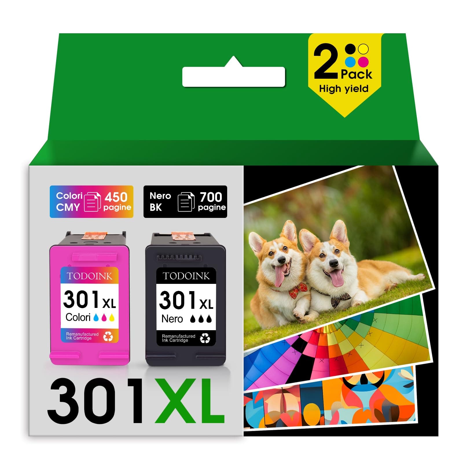 TODOINK 301XL Nero e Colore Cartucce d'inchiostro 301 XL cartucce per hp 301 nero per HP Officejet 4630 4632 Envy 5530 4500 DeskJet 1050a 2025 2540 (2 Pack)