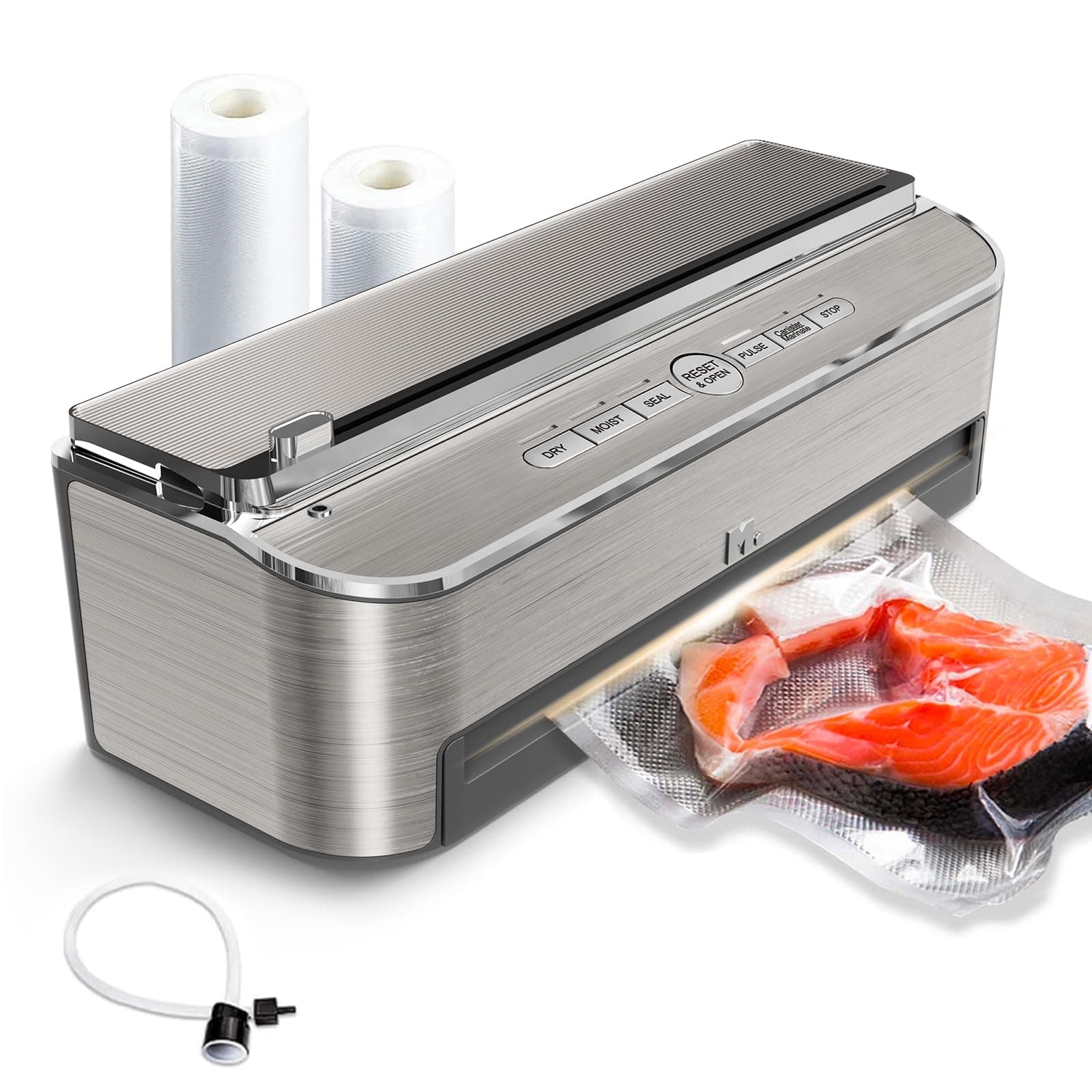 Mesliese 85kPa 120W Envasadora al Vacio, Sellador Automático de Alimentos, Cortador Incorporado | Almacenamiento de Bolsas | Modo Húmedo | 2 Rollos de Bolsas (Plateado)