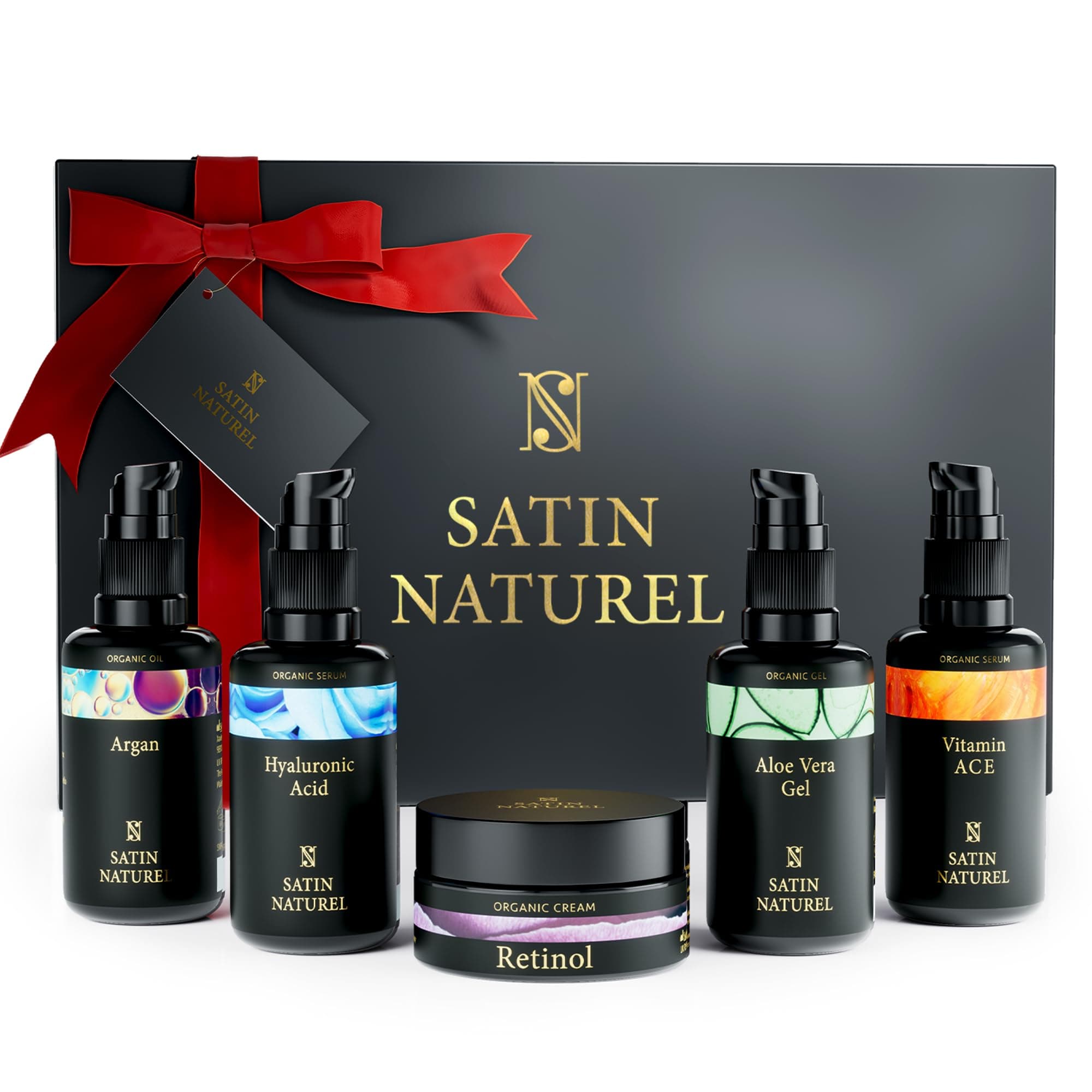 Satin Naturel Set de Regalo de Lujo para Mujer 5x30 ml – Gel de Aloe Vera, Aceite de Argán, Sérum Vitamina C, Sérum Ácido Hialurónico y Crema con Retinol – Cosmética Vegana – Edición Premium