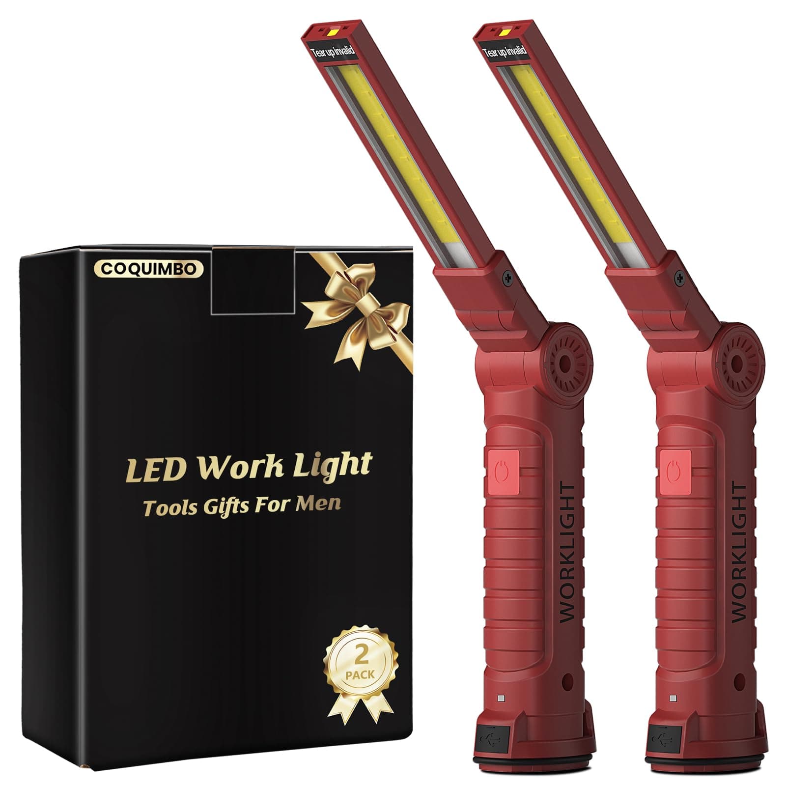 Coquimbo Cadeau Homme Lampe de Travail Rechargeable, Lampe Atelier COB Lampe de Poche avec Base Magnétique, 5 Modes Lampe Torche pour Auto, Garage, D'urgence, etc (Rouge, 2 Pièces)