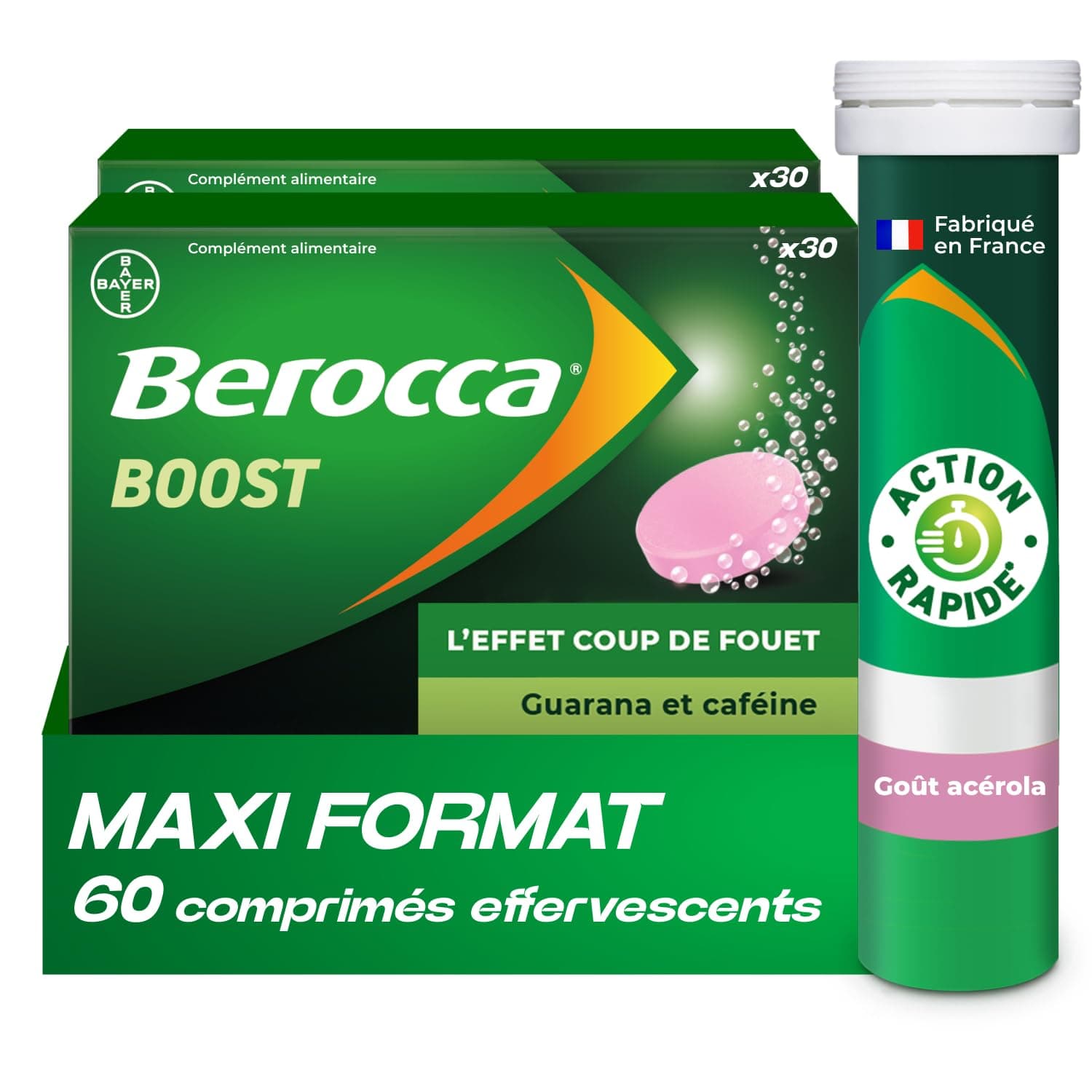 Berocca® Boost - Effet coup de fouet - Aide à réduire la fatigue -Vitamine B12, Guarana, Caféine, Vitamine C et Magnésium, Goût Acérola - Complément Alimentaire - 2x30 cp effervescents