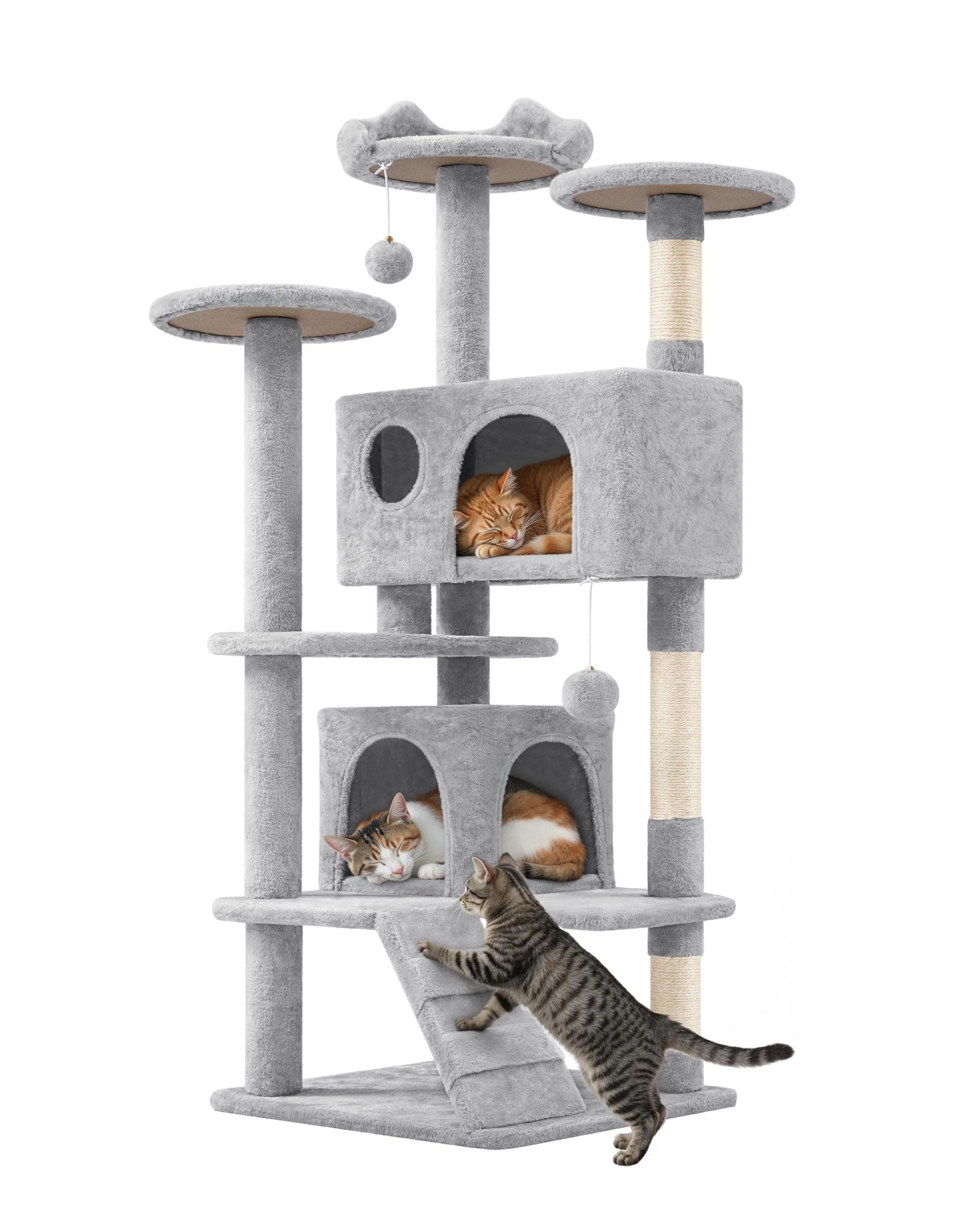 Yaheetech Árbol Rascador para Gatos 139cm con 3 Plataformas 2 Nidos 2 Pompones Torre de Escalador con Postes en Sisal Ideal para 3-4 Gatos Gris Claro