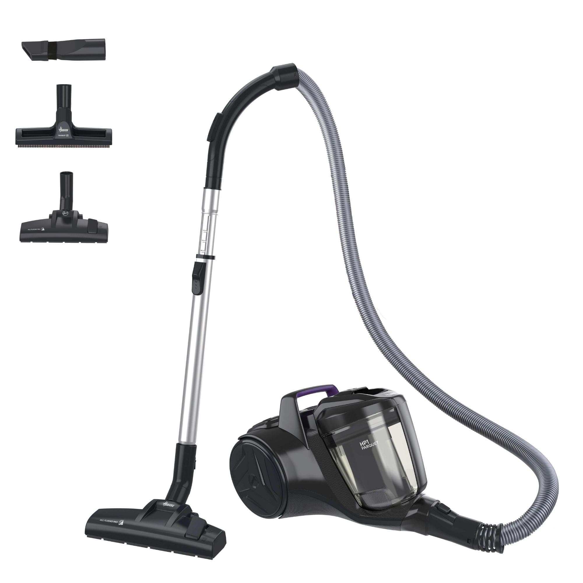 Hoover Aspirapolvere a traino senza sacco potente e compatto HP1 per tappeti, pavimenti duri e delicati, Leggero e con filo, Contenitore 2L, Spazzola Parquet, Raggio d'azione 7,5 m [HPZ107HM]