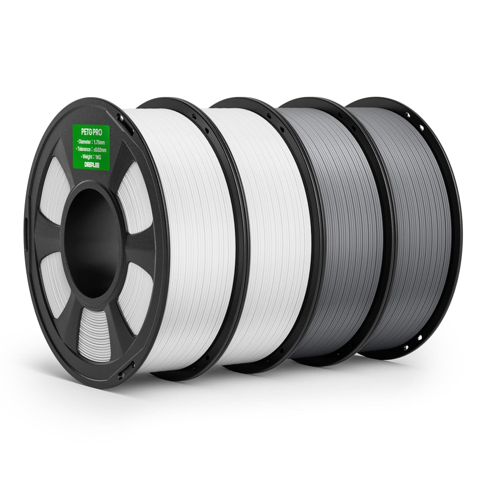 DEEPLEE PETG Pro 1.75 mm, Kit 4 Bobinas (2 Blanco + 2 Gris) 4 kg. Resistencia UV e Intemperie. Transmisión de Luz Superior. Sin Obstrucciones ni Hilos. Compatible con la mayoría de impresoras FDM.