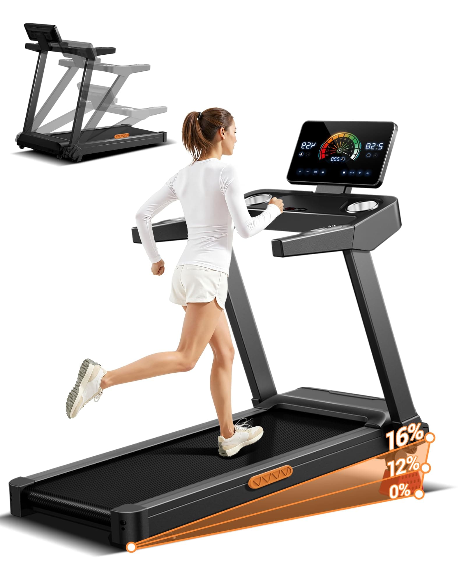 UMAY Tapis de Course Pliable Inclinable 16%, 14KM/H Tapis de Marche avec Surveillance de Fréquence Cardiaque, Treadmill Home avec Moteur 3,5CV et Affichage LED, Charge Max 180KG