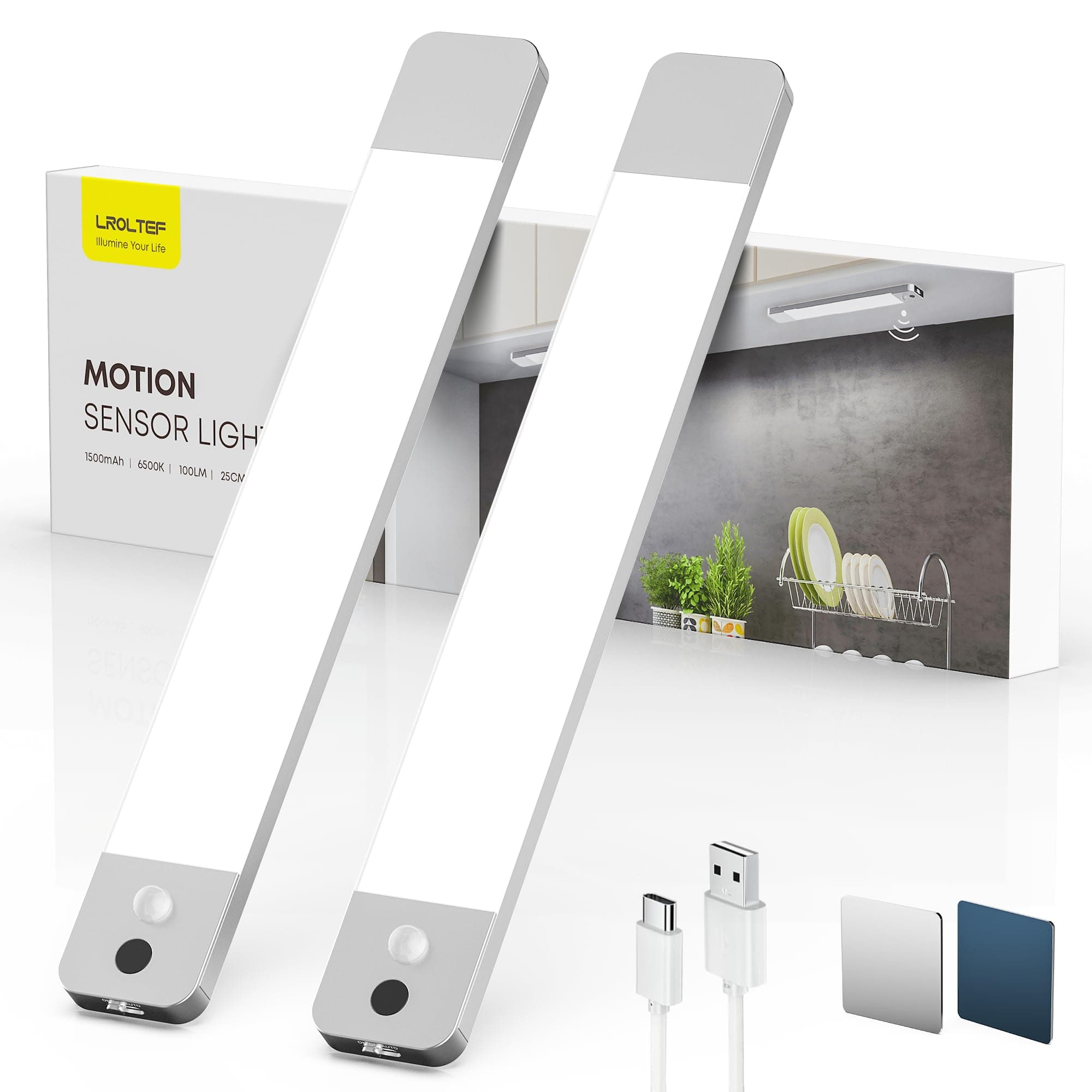 LROLTEF Luce LED Sottopensile Cucina - 25CM 1500mAh Luci con Sensore di Spostamento Manuale & Sensore di Movimento - Armadio Lampada Dimmerabile per Cucina Scale Soggiorno Camere da Letto | 2 Pezzi