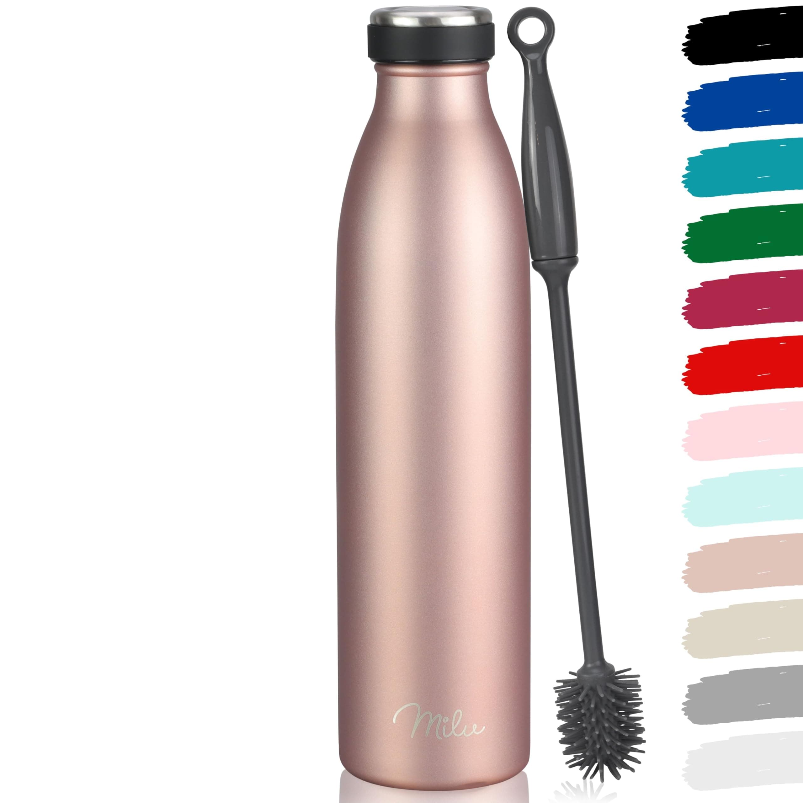 Milu - Thermo in acciaio inox da 350/500/750/1000ml/1,5L borraccia termica, a prova di perdite, a doppia parete, adatta per bevande gassate, con spazzola per la pulizia (Oro rosa, 1,5L)