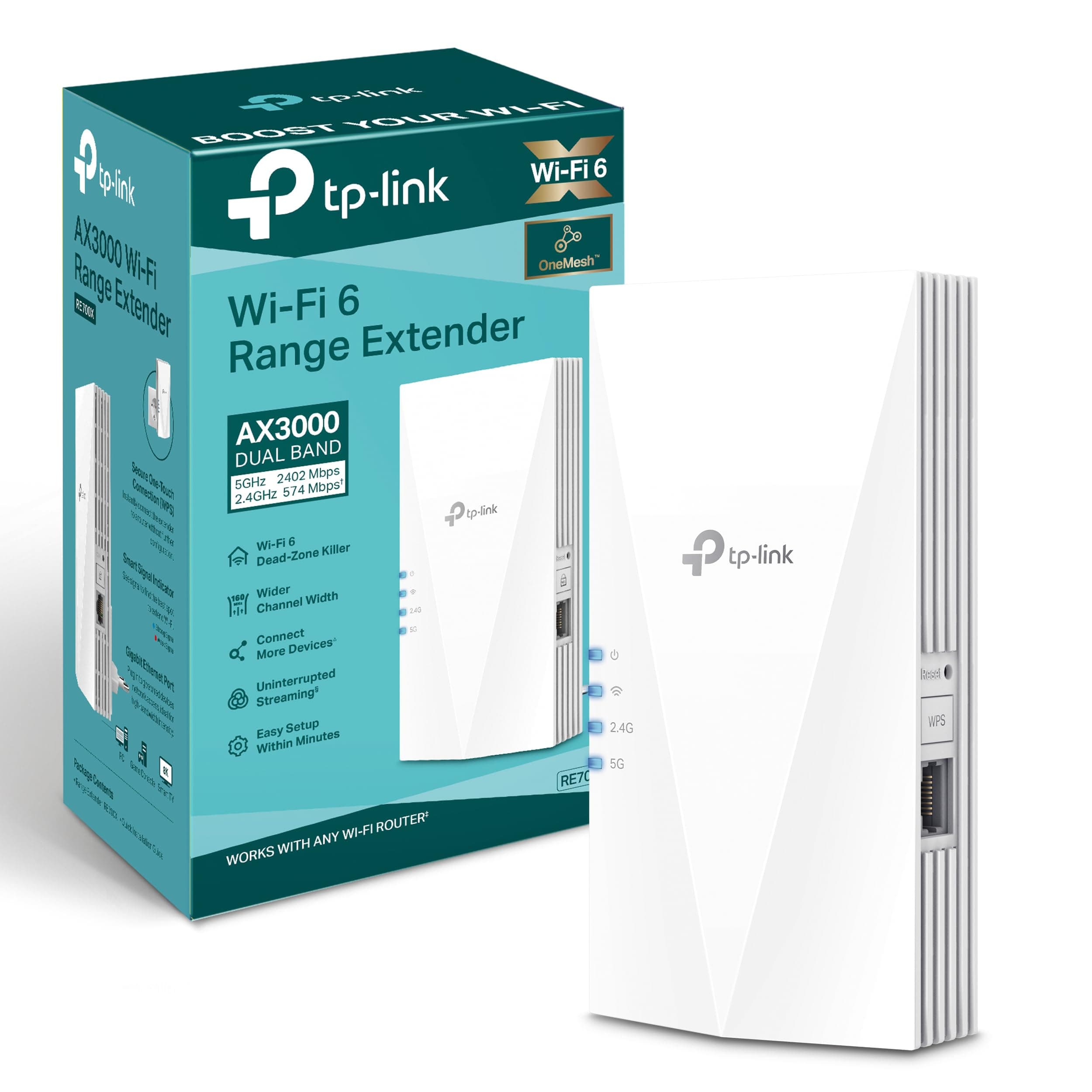 TP-Link RE700X WiFi 6 WiFi Amplifier Repetidor AX3000 (Doble Banda 2402Mbps 5GHz + 574Mbps 2.4GHz), MU-MIMO, Puerto gigabit, Gran Cobertura, EasyMesh, Compatible con Todos los routers Wi-Fi
