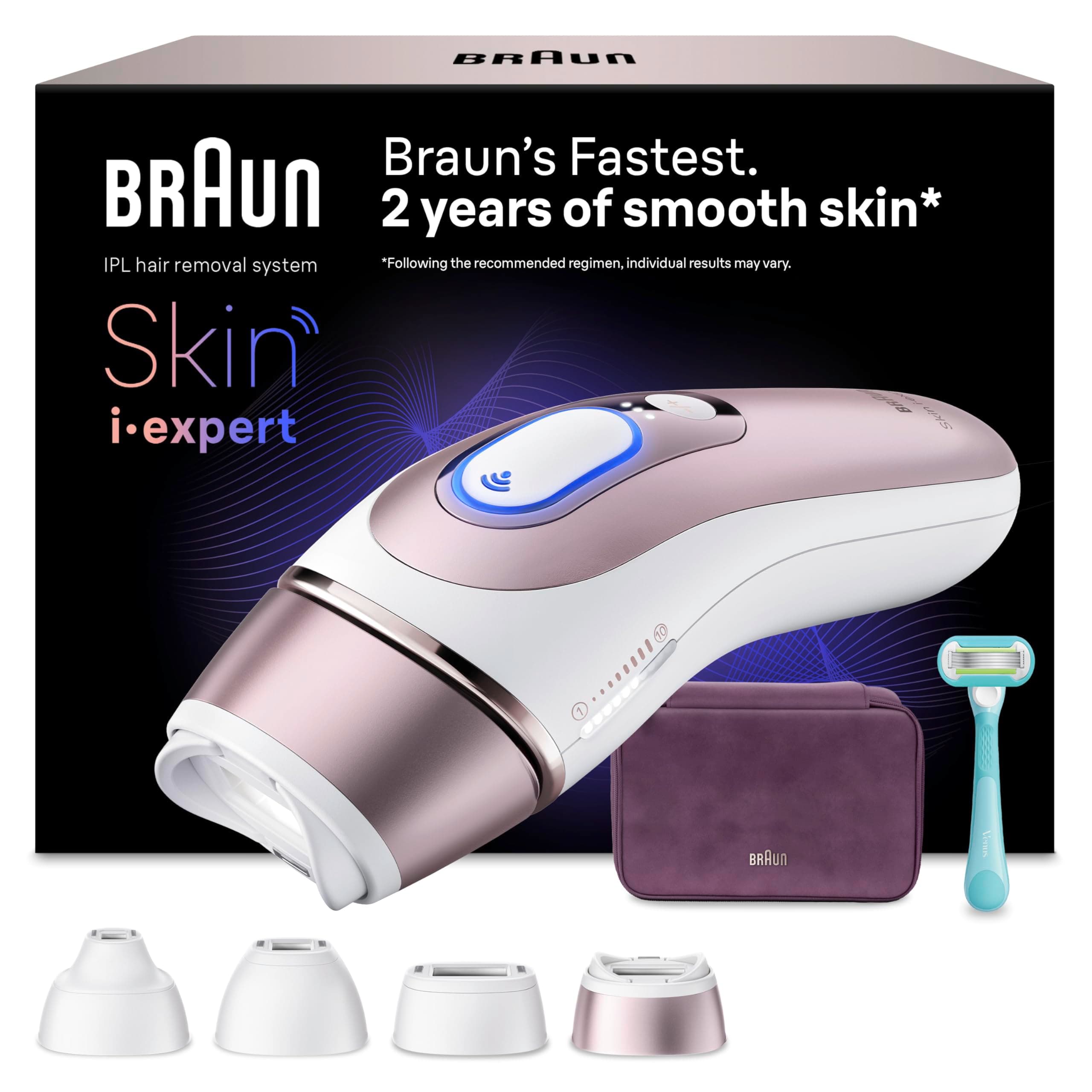 Braun Depiladora Luz Pulsada Smart IPL Skin i·expert, Depilación Láser En Casa Para Cara Y Cuerpo, Reducción Permanente Del Vello, Depiladora Laser Con 4 Cabezales, Neceser y Maquinilla Venus, PL7431