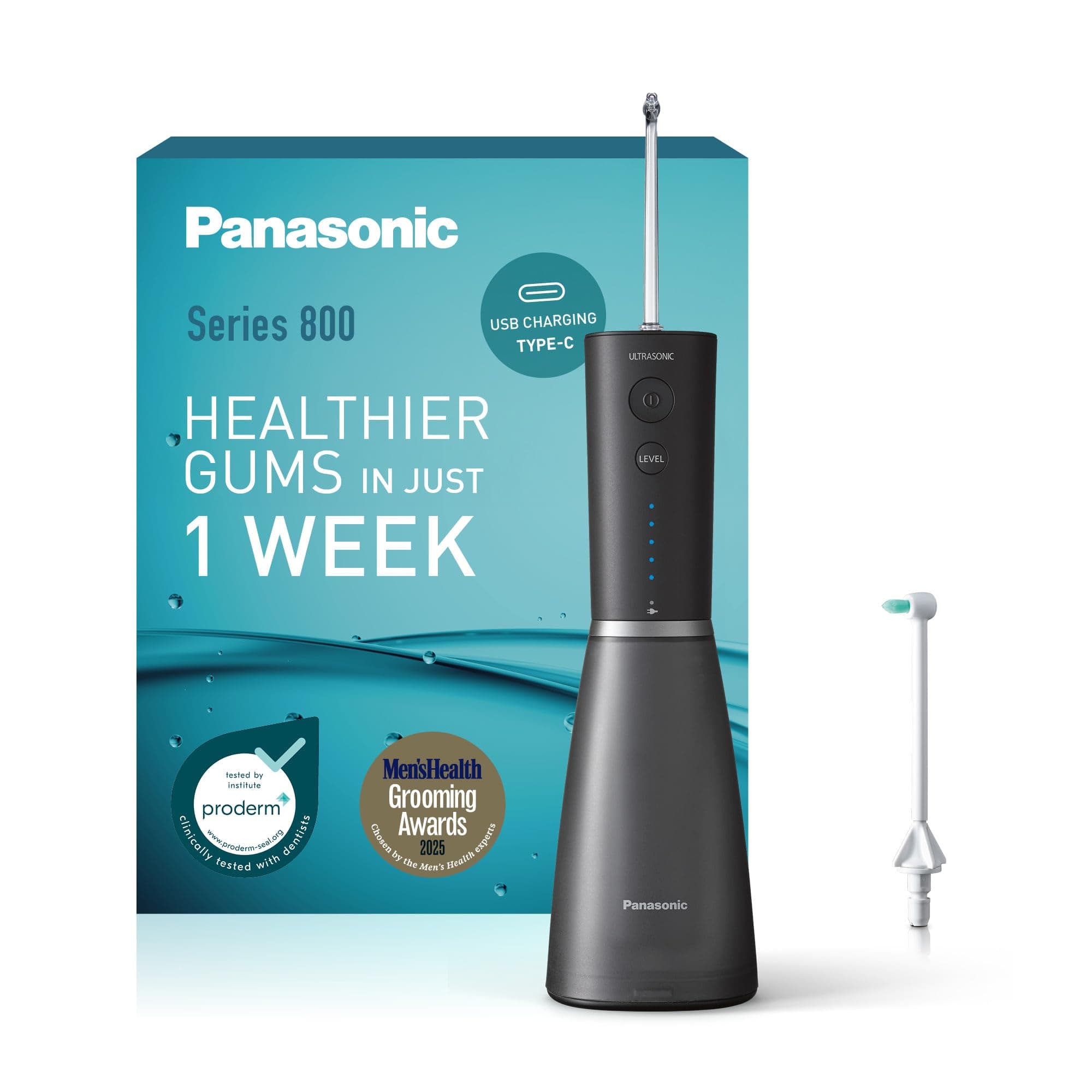Panasonic Series 800 Ultrasonic Irrigateur EW-DJ86-K503, Hydropulseur Dentaire, Jet dentaire, 200ml, 1 Buse Orthodontique & Ultrasonique, 5 Réglages de Pression, Accesoire de Voyage, USB-C, Noir