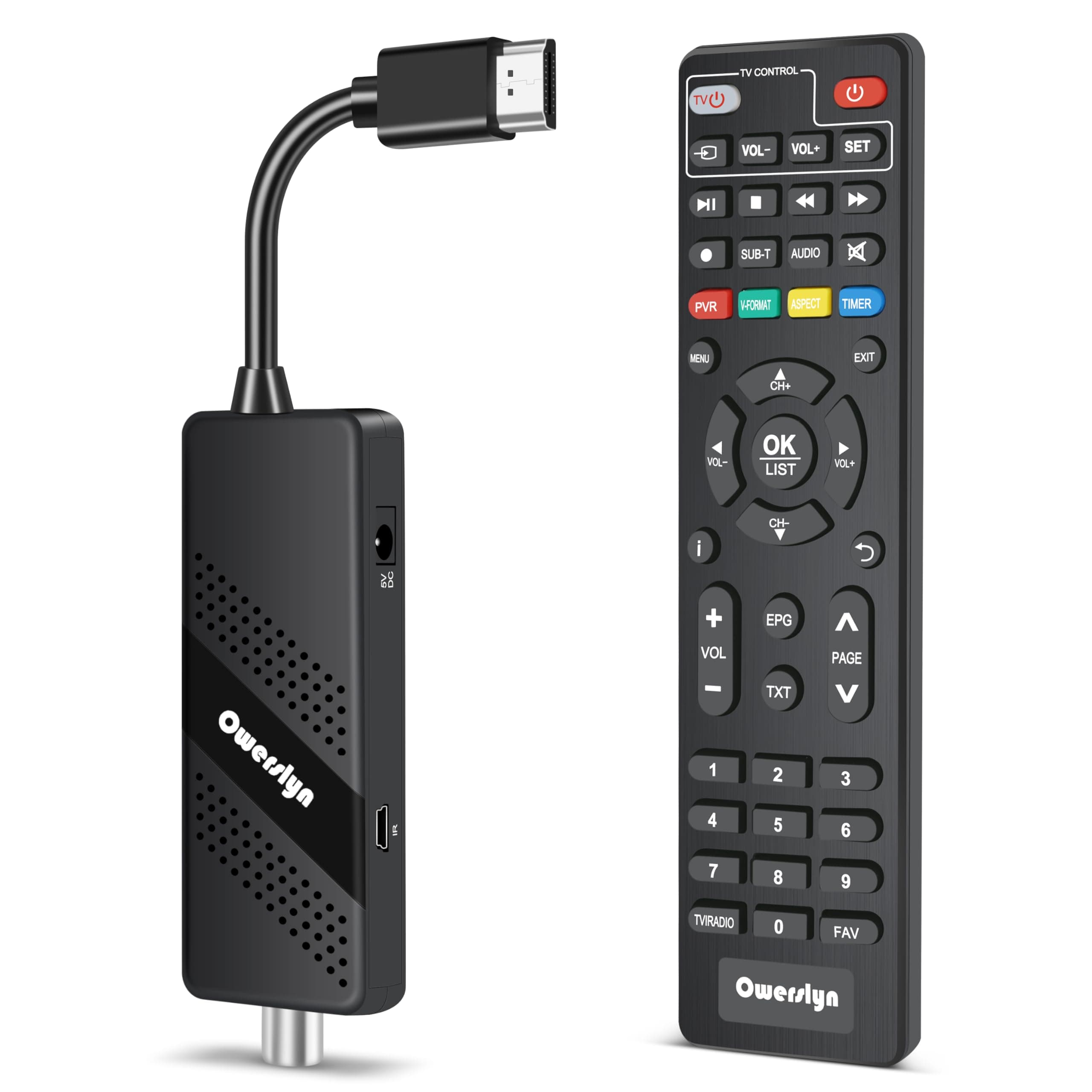 Decoder Digitale Terrestre 2026 - OWERSLYN Decoder DVB-T2, HD 1080P H.265 HEVC Main 10 Bit, TV Stick con Uscita HDMI/AV, HDMI CEC, USB Multimediale, Funzione PVR, Telecomando Infrarossi 2in1