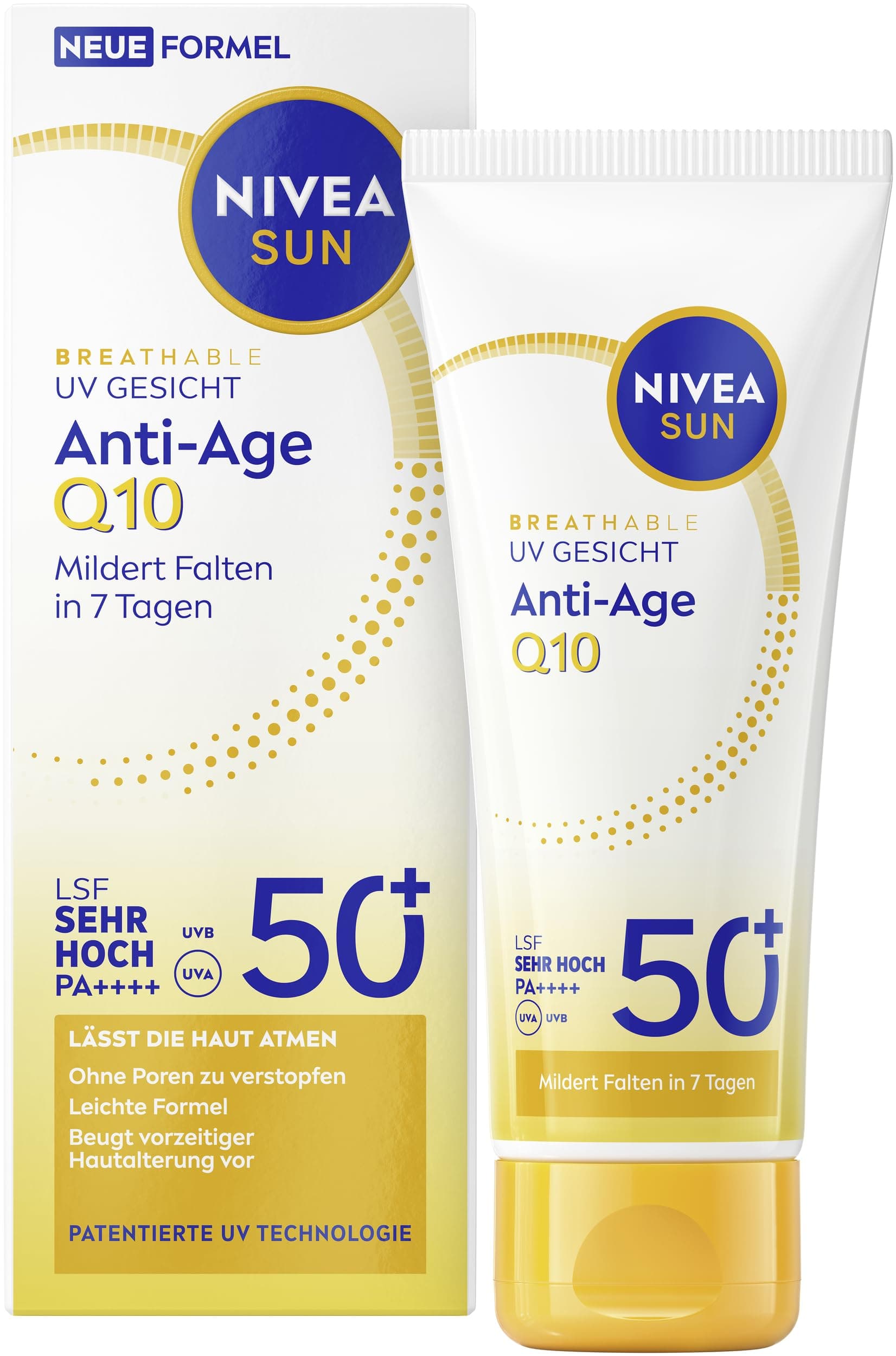 NIVEA SUN Sonnenschutz mit LSF 50+, straffende Gesichtssonnencreme, atmungsaktive Anti-Falten Sonnencreme mit LSF 50+ und PA++++, Breathable UV Gesicht Anti-Age Q10 (40 ml)