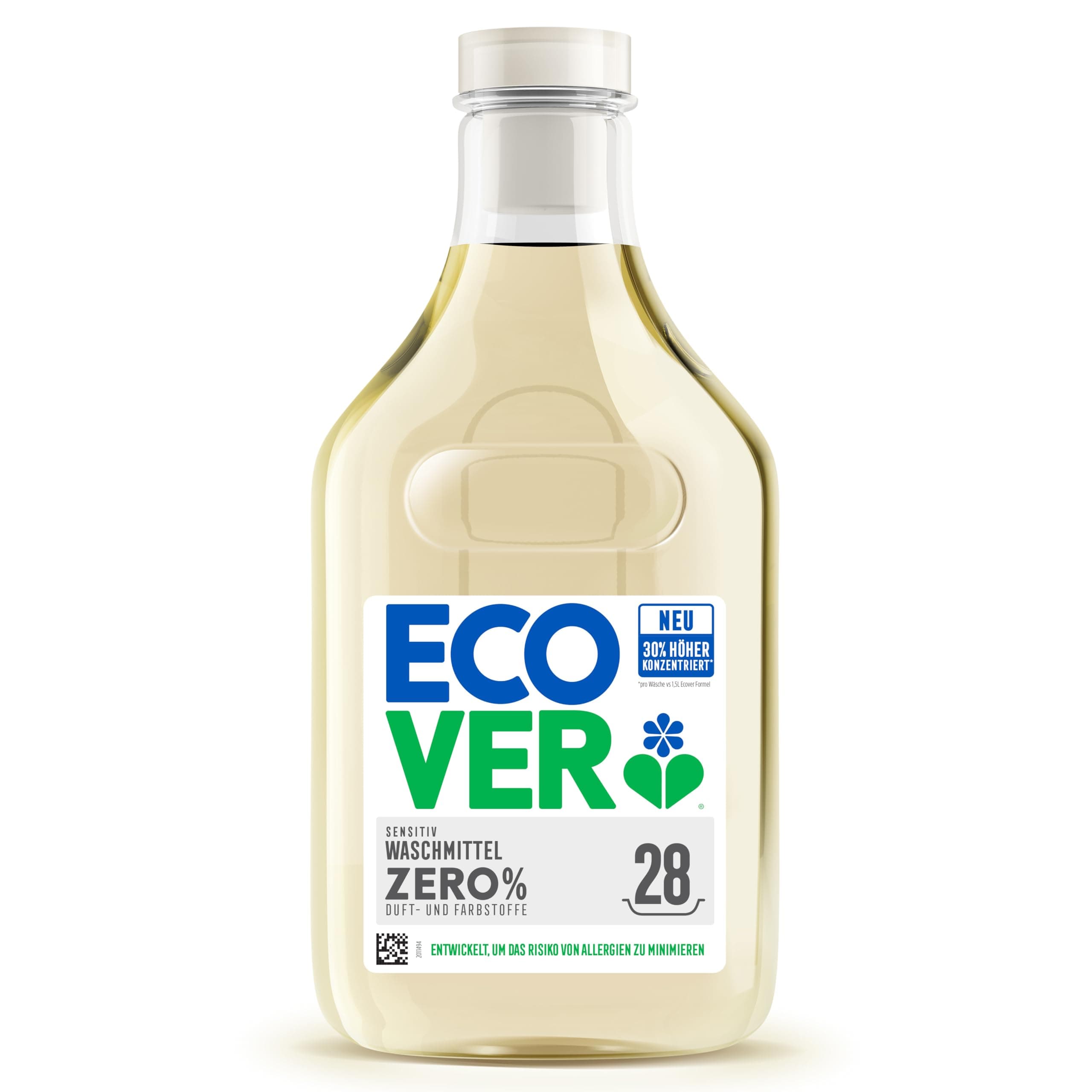 Ecover Zero Waschmittel, flüssig, für Allergiker und empfindliche Haut, sanfte Reinigung ohne Duftstoffe, 30% höher konzentriert, 28 Ladungen, 1L