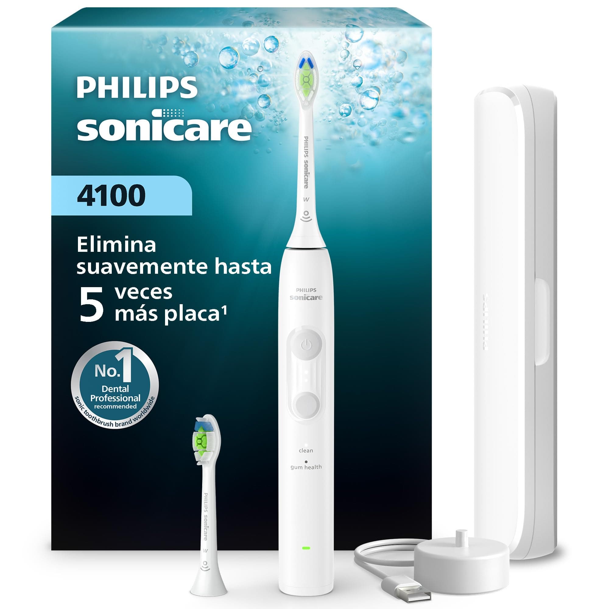 Cepillo Philips Sonicare Serie 4100 - Cepillo dental sónico con sensor de presión, 4 ajustes de cepillado, EasyStart, SmarTimer, autonomía de 21 días, estuche, blanco, HX4044/41, [Nuevo]