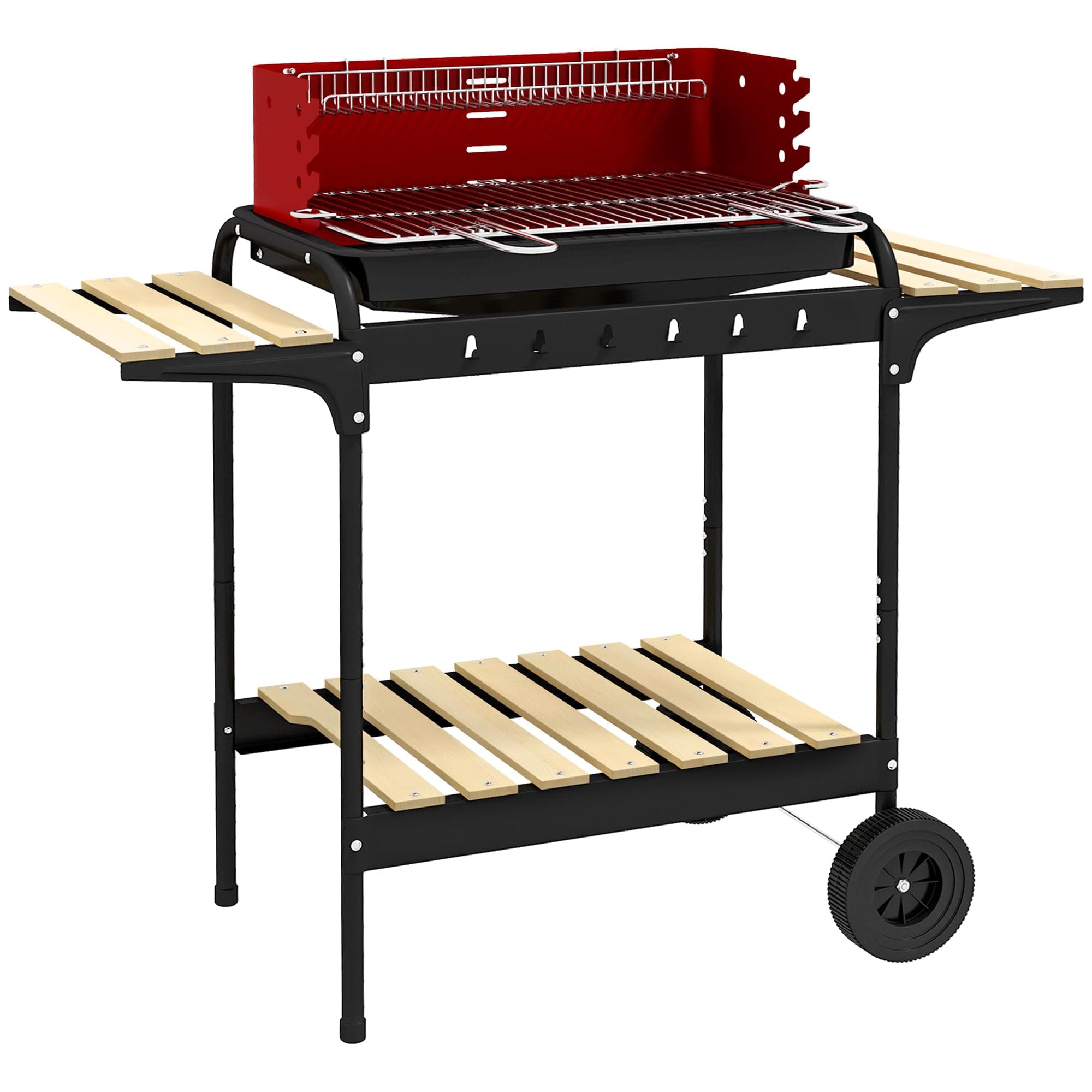 Outsunny Barbecue à charbon BBQ grill sur pied avec gril réglable 2 roues et 3 étagères récupérateur de cendres 103 x 47 x 95 cm rouge