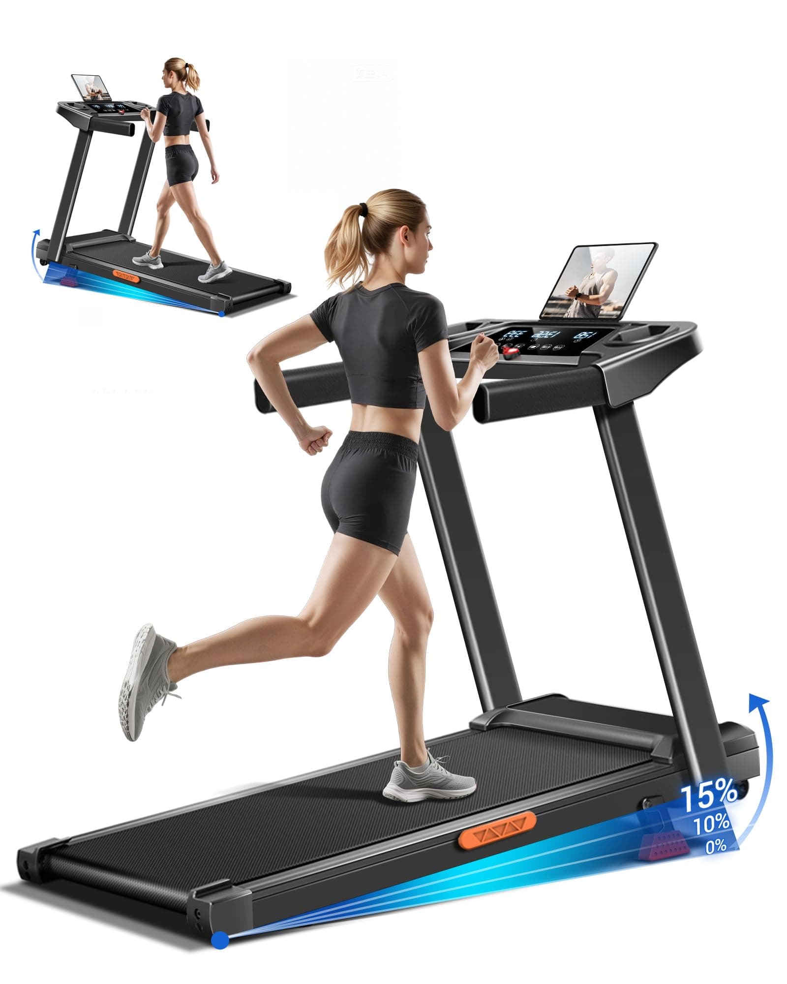 UMAY Tapis de Course Pliable,Tapis Roulant Electrique Pliable 3.0HP/2200W avec Moniteur de Fréquence Cardiaque