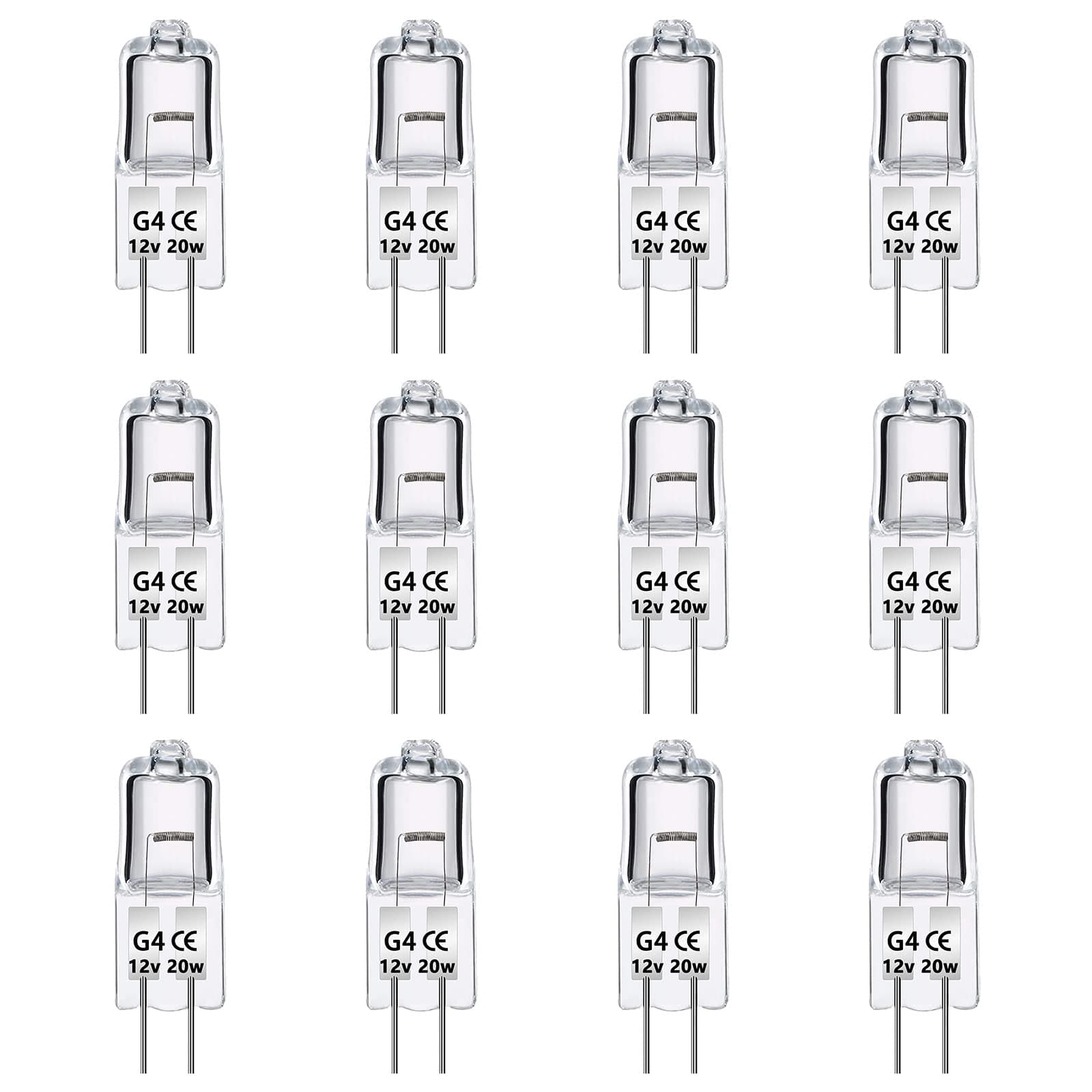 Caldarax 12 Pezzi Lampadina Alogena G4 20W 12V Dimmerabile, 280LM, Bianco Caldo 2700K, Lampadine G4 Alogene Bi-Pin Base Capsula, Trasparente, per Lampadine Cappa Cucina, Lampadario