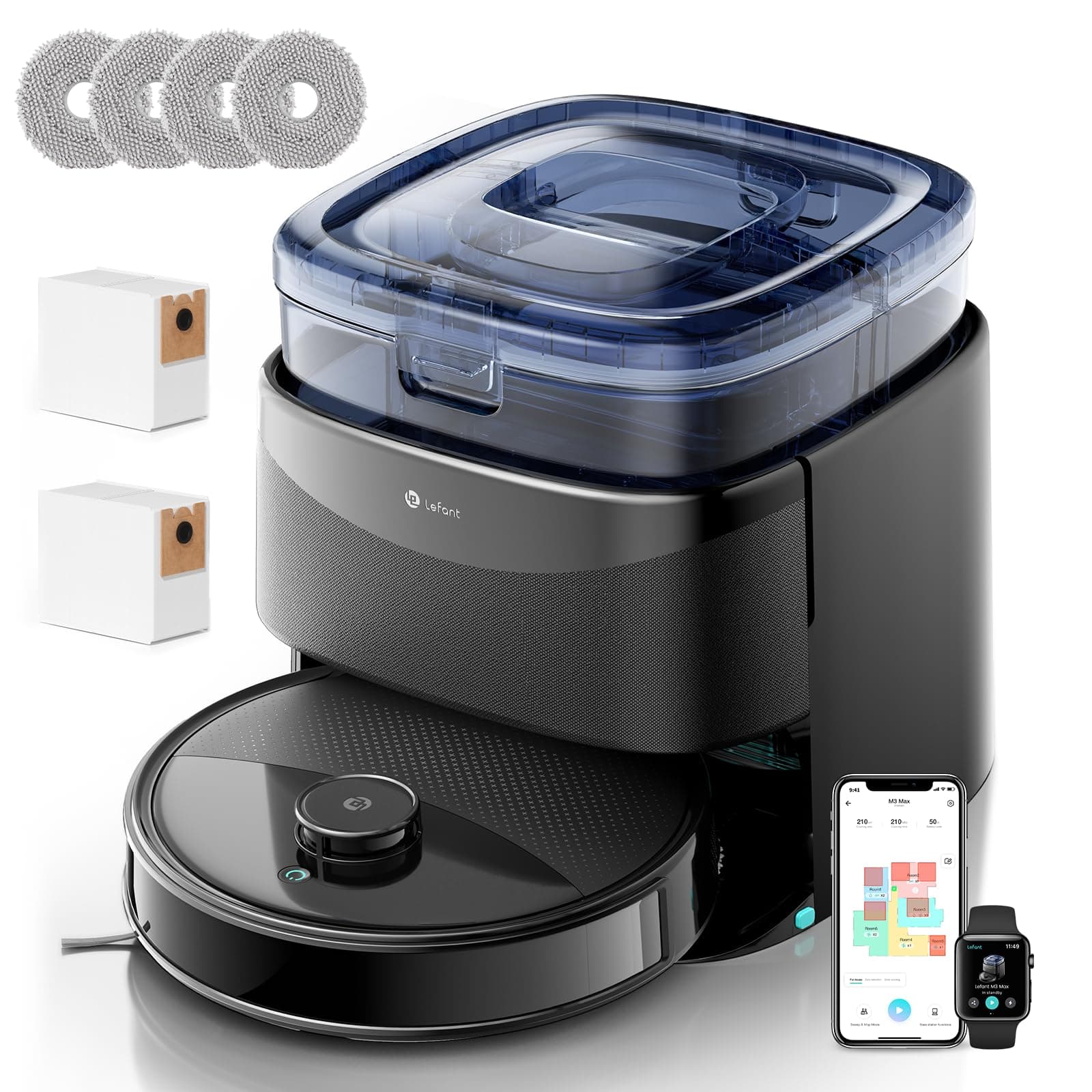 LEFANT M3 Robot Aspirapolvere Lavapavimenti con Mappatura, 12000Pa, LiDAR dToF, Ostacoli PSD, Mop Rotanti con Lavaggio Mop a 45°C e Asciugatura, Autosvuotante 3,2L, App Alexa WiFi 2.4G/5G, Nero