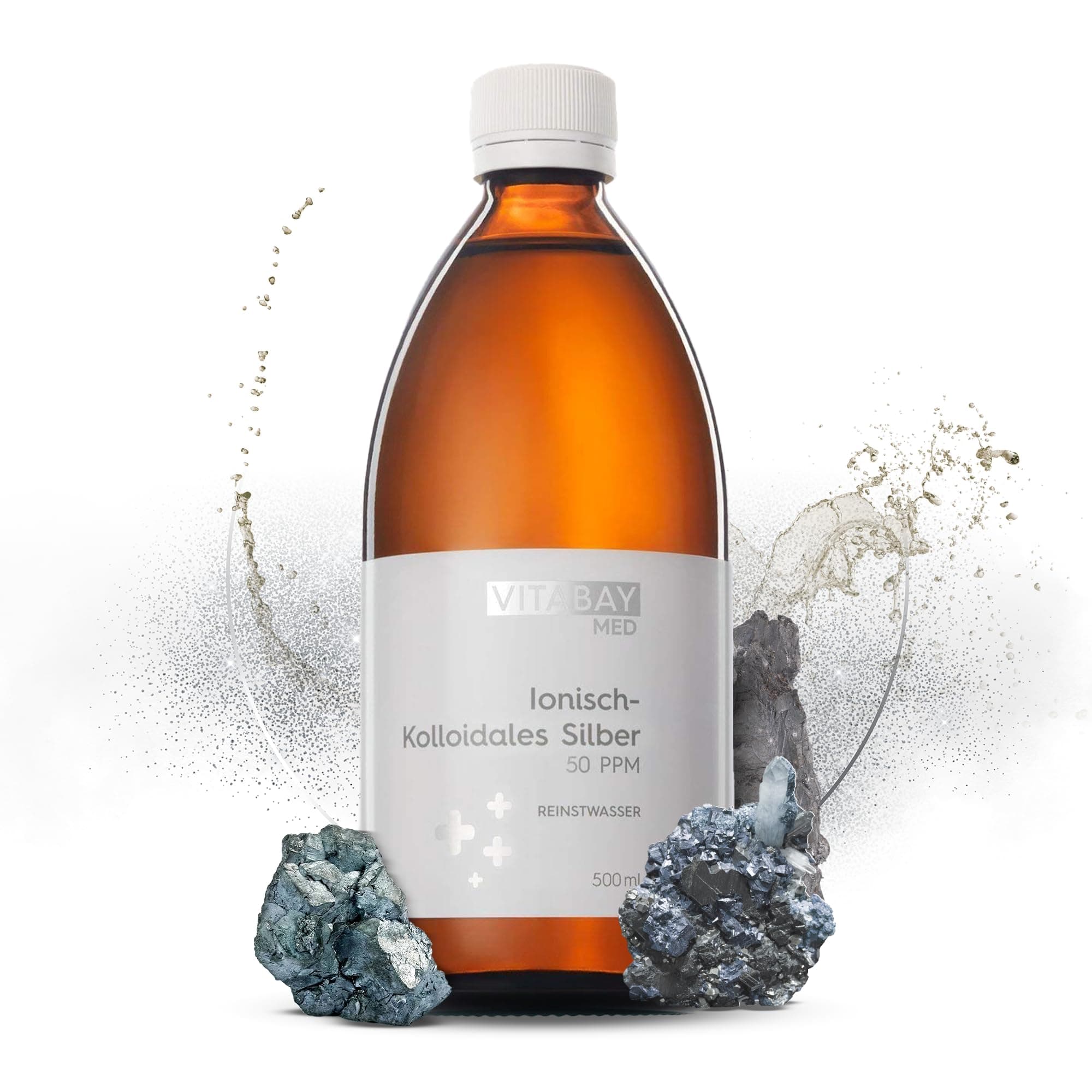 Vitabay Kolloidales Silber 50 PPM – 500 ml Reinstwasser – 99,99% Reinstsilber ionisch-kolloidal – Laborgeprüft & in phthalatfreier Braunglasflasche