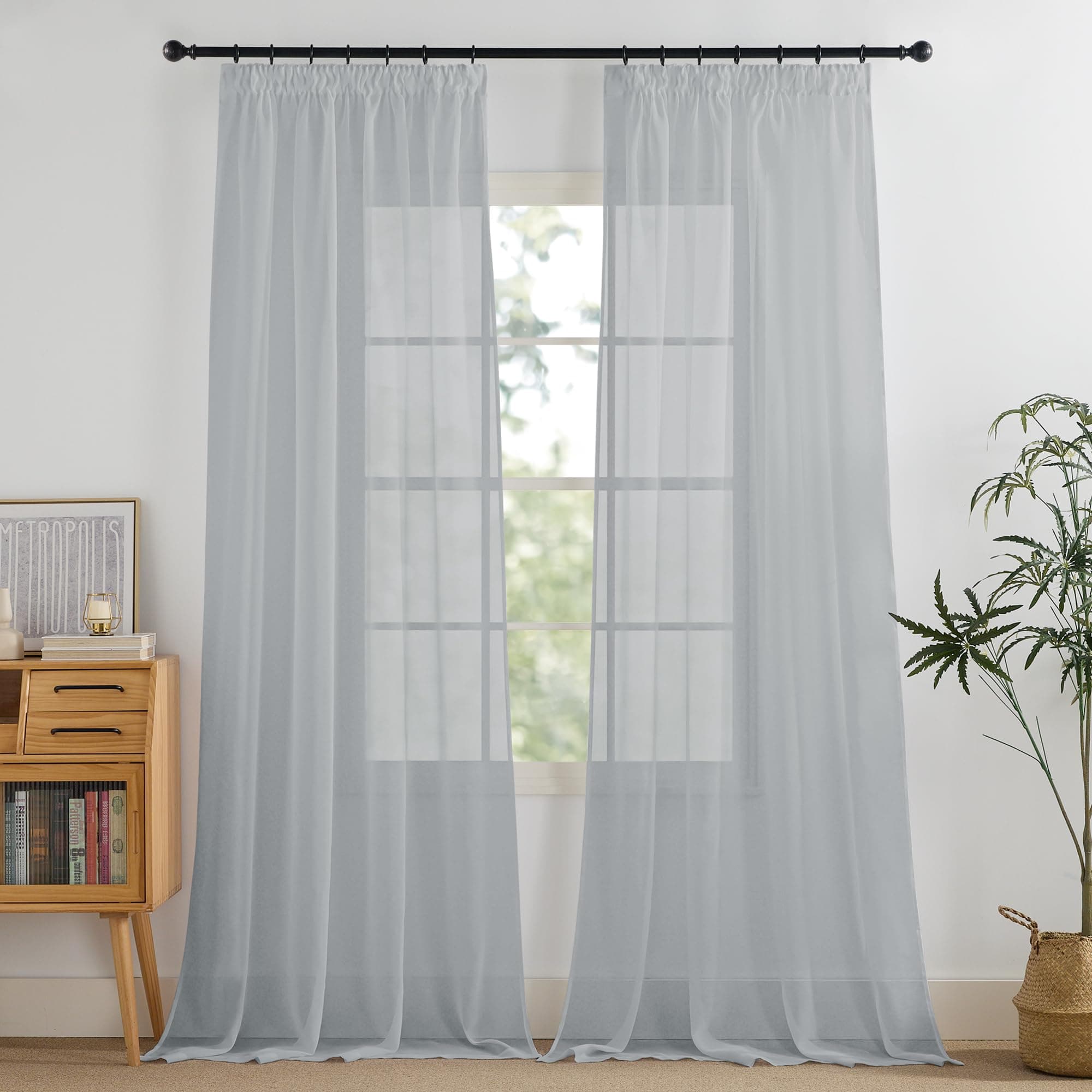 PONY DANCE Graue Vorhänge 245 cm Hoch Transparent Voile Gardinen mit Kräuselband für Schiene 2er Set Wohnzimmer Vorhang Leinenoptik Durchlässig Curtains for Living Room, H 245 x B 140 cm