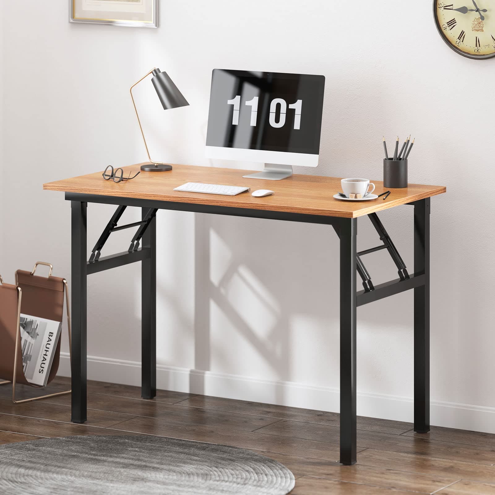 SogesHome Escritorio Plegable para Computadora 100 cm x 60 cm Mesa de Ordenador sin Montaje con Estructura Metálica Mesa de Estudio o Trabajo para Oficina, Estudio, Teletrabajo o Piso Pequeño
