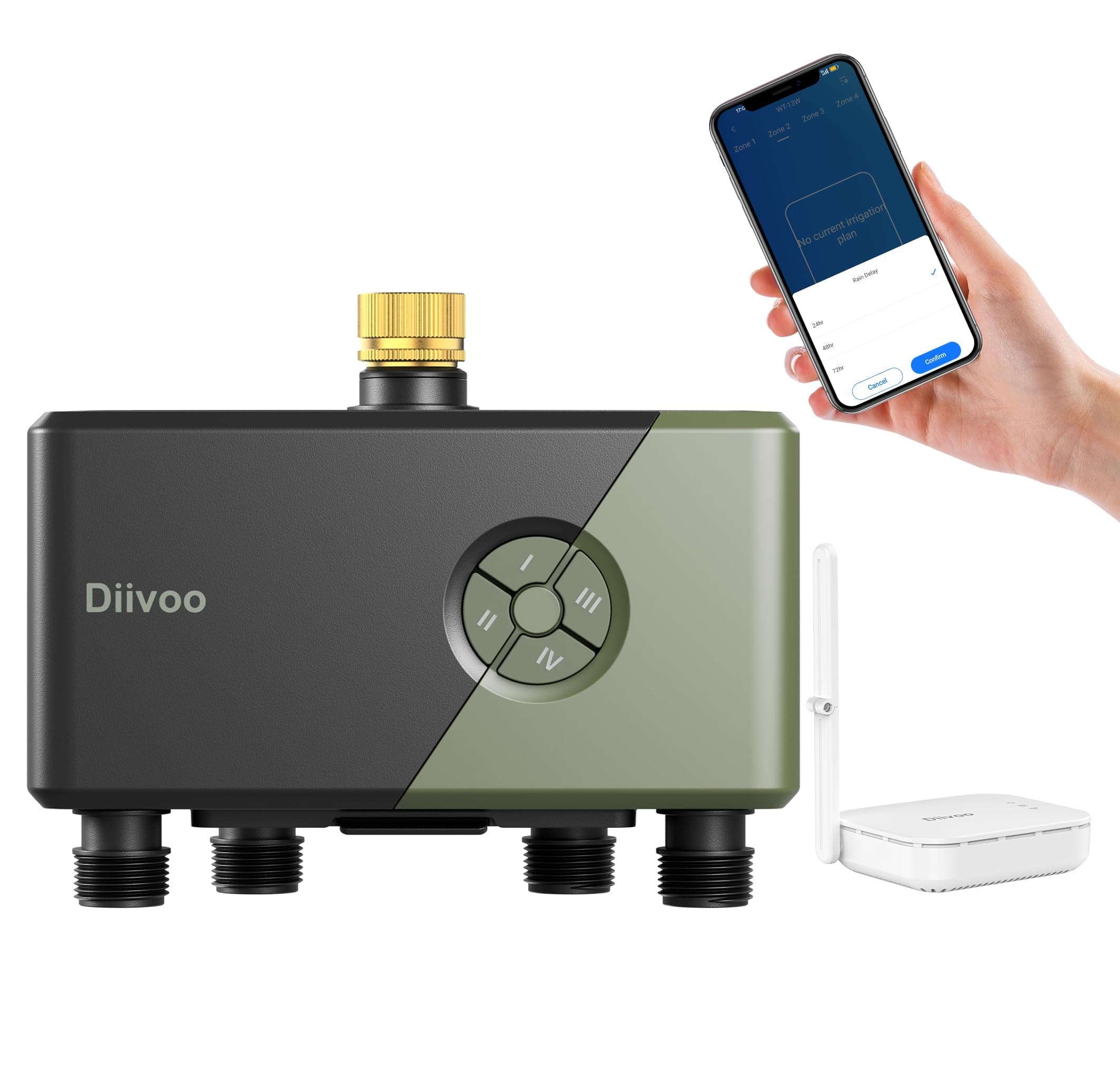 Diivoo Programador Riego WiFi 4 Zonas con Entrada de Latón, Conexión WiFi y Ethernet, Compatible con Alexa y Google, 24 Programas de Riego, Temporizador de Riego Automático para Jardín y Céspedes