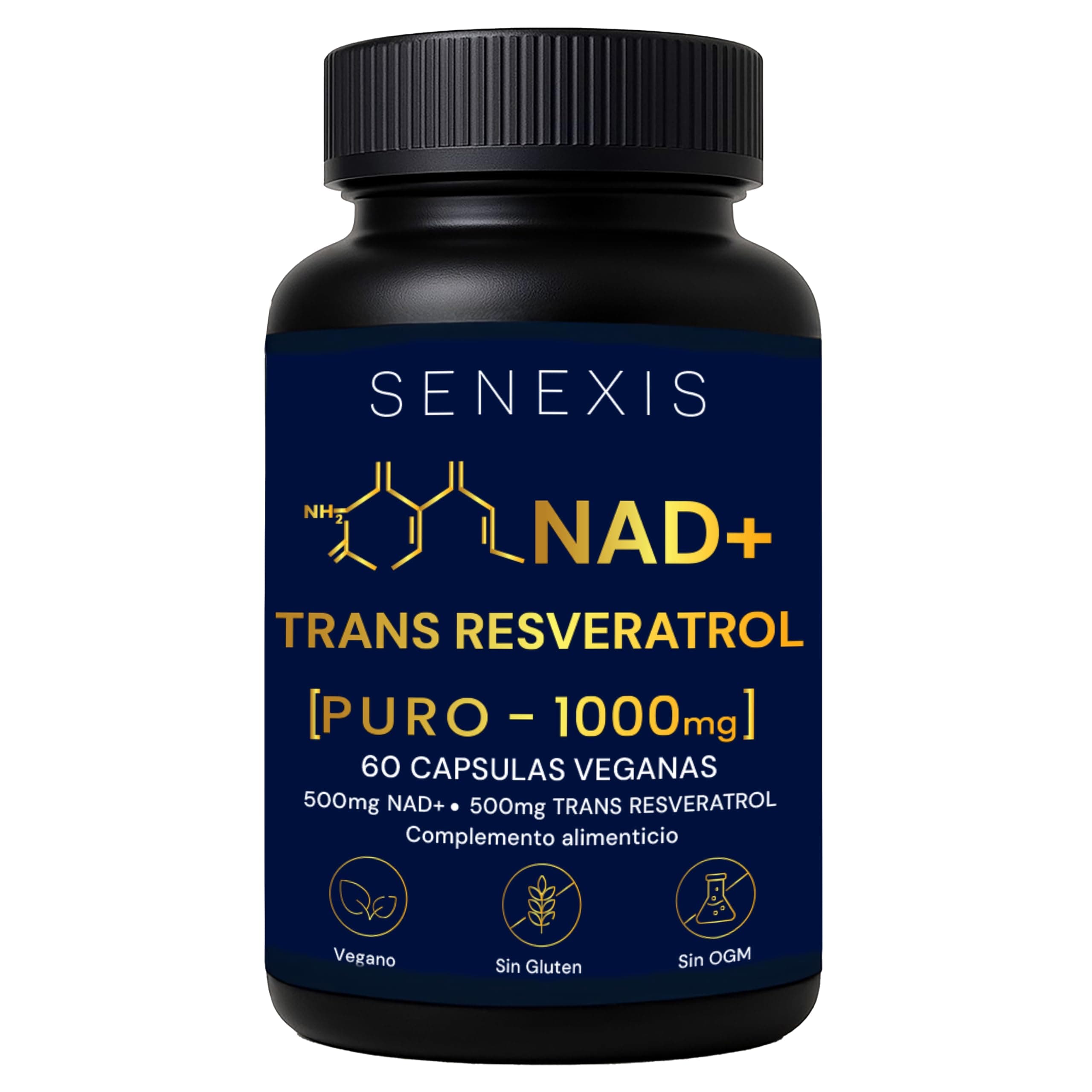 Nad Resveratrol Puro 1000mg, 60 Cápsulas veganas, 500mg NAD + 500mg Trans-Resveratrol, Energía Celular, Antioxidante, Sin Gluten, Sin OGM, sin GMO - Apoyo Mitocondrial, Cognición, Antiedad