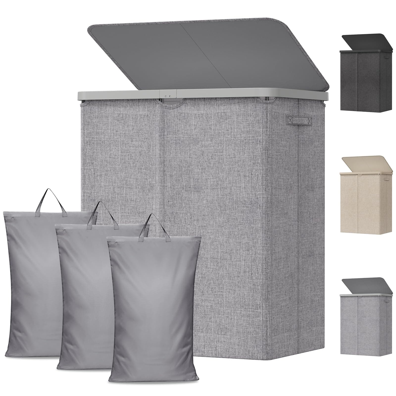 Lifewit 3 Fächer Wäschekorb mit Deckel, 165L Wäschesammler mit Kunststoffrahmen, faltbarer großer Wäschesortierer, Wäschebox Laundry Baskets für Schlafzimmer, Bad, Hellgrau