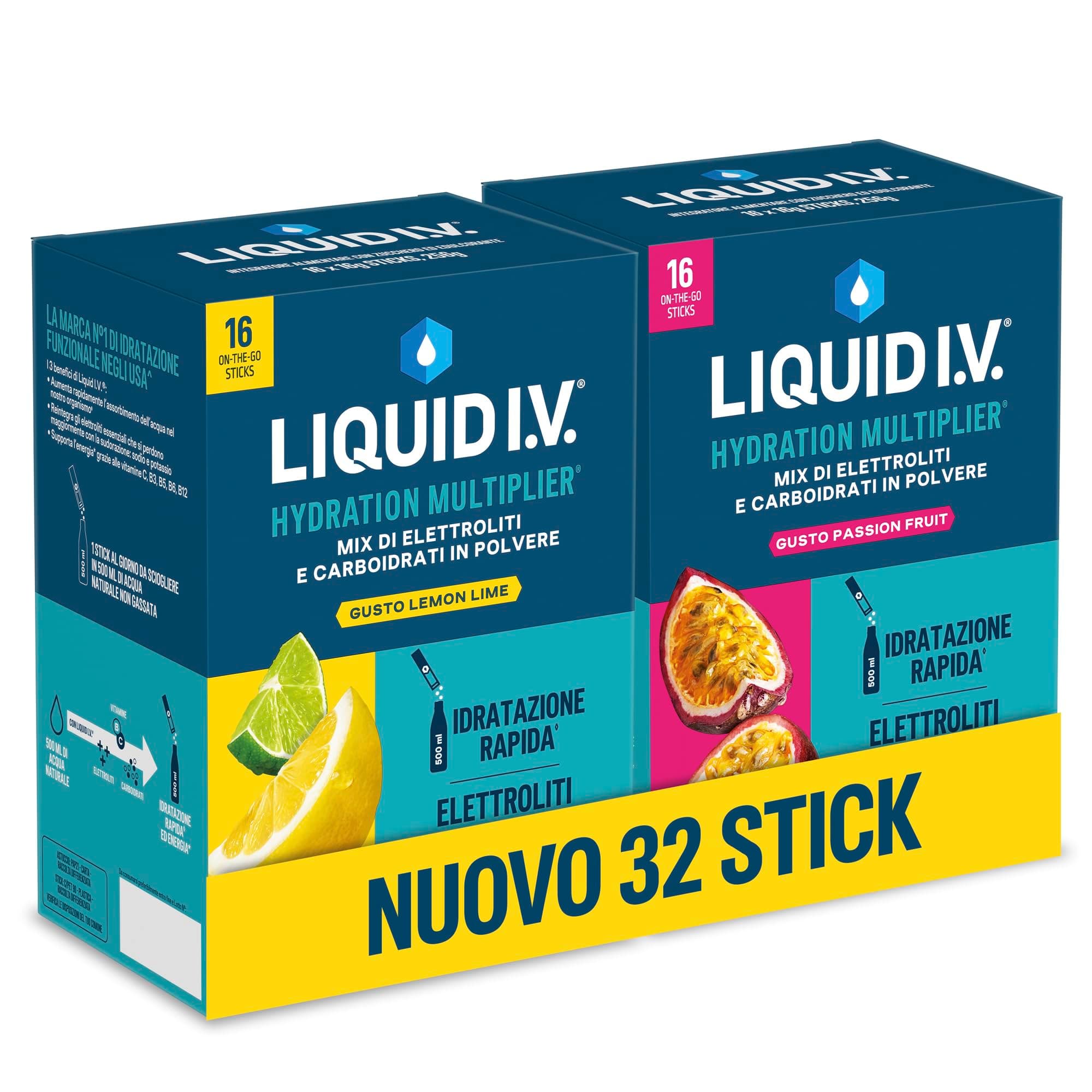 Liquid I.V. 32 stick, Integratore con Elettroliti per Idratazione Rapida, con Sodio e Potassio, con Vitamine B3 B5 B6 B12 e C, Vegano, Senza Glutine, Lemon Lime + Passion Fruit