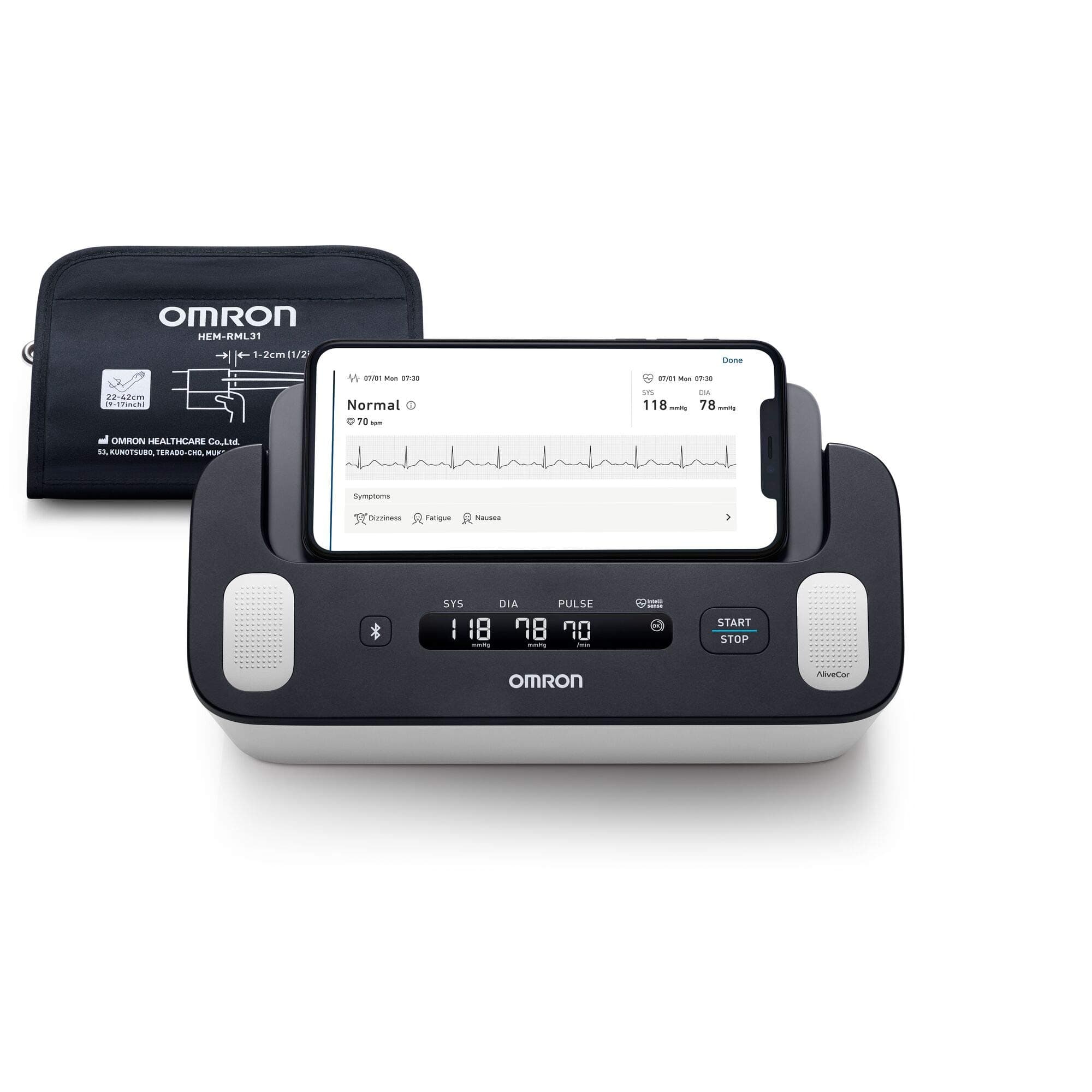 OMRON Complete Tensiomètre Bras et Appareil a Électrocardiogramme (ECG) | Validé cliniquement | Pour la détection de l'hypertension et le dépistage de la Fibrillation Auriculaire (FA) à domicile