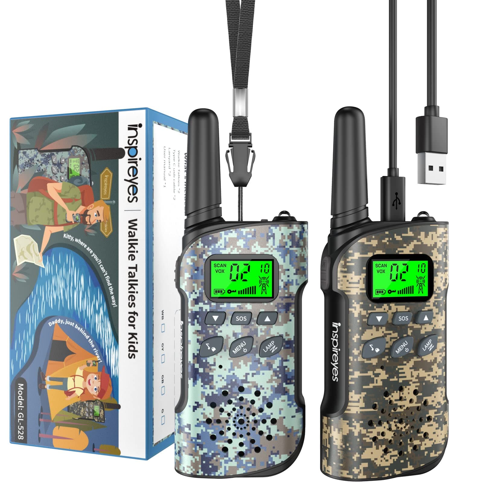Inspireyes Walkie Talkie Niños Recargable, 48 Horas de Tiempo de Trabajo, 3 kilómetros de Largo Alcance, Regalos de Cumpleaños, Juguetes al Aire Libre para niños de 3 a 12 años, Paquete de 2